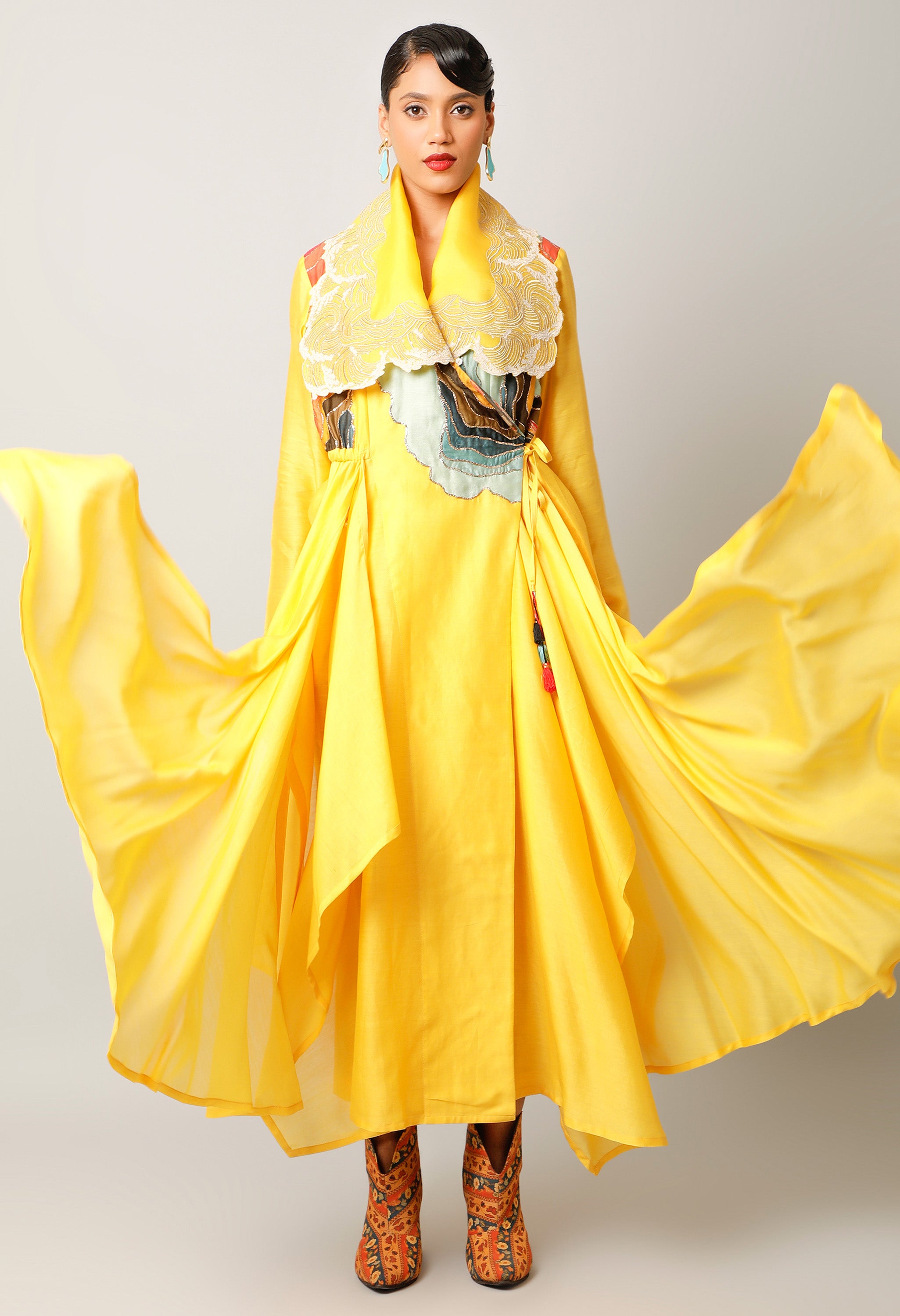 WAVES EMBROIDERED DRAPED COLLAR ANGRAKHA WITH PANTS