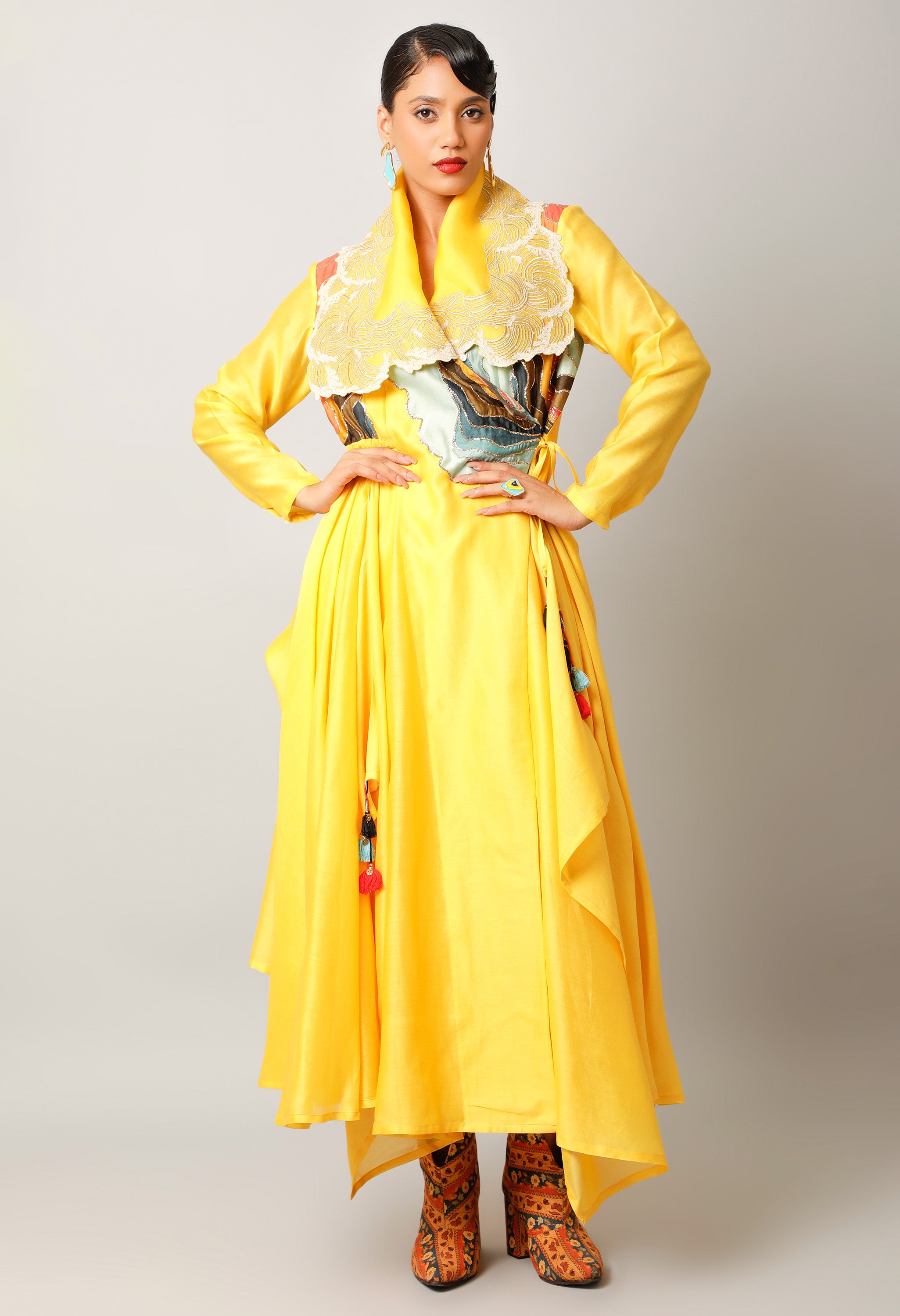WAVES EMBROIDERED DRAPED COLLAR ANGRAKHA WITH PANTS