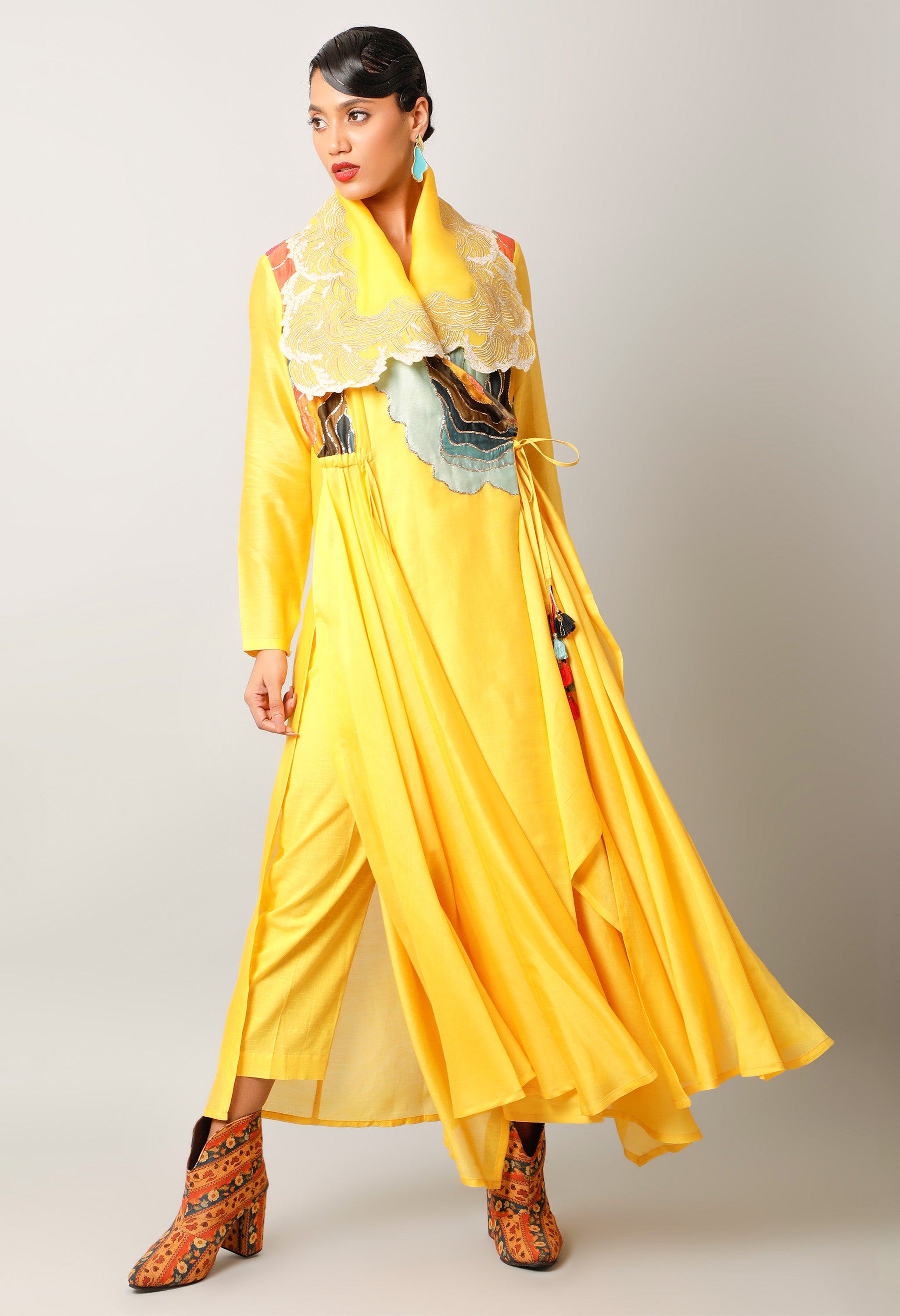 WAVES EMBROIDERED DRAPED COLLAR ANGRAKHA WITH PANTS
