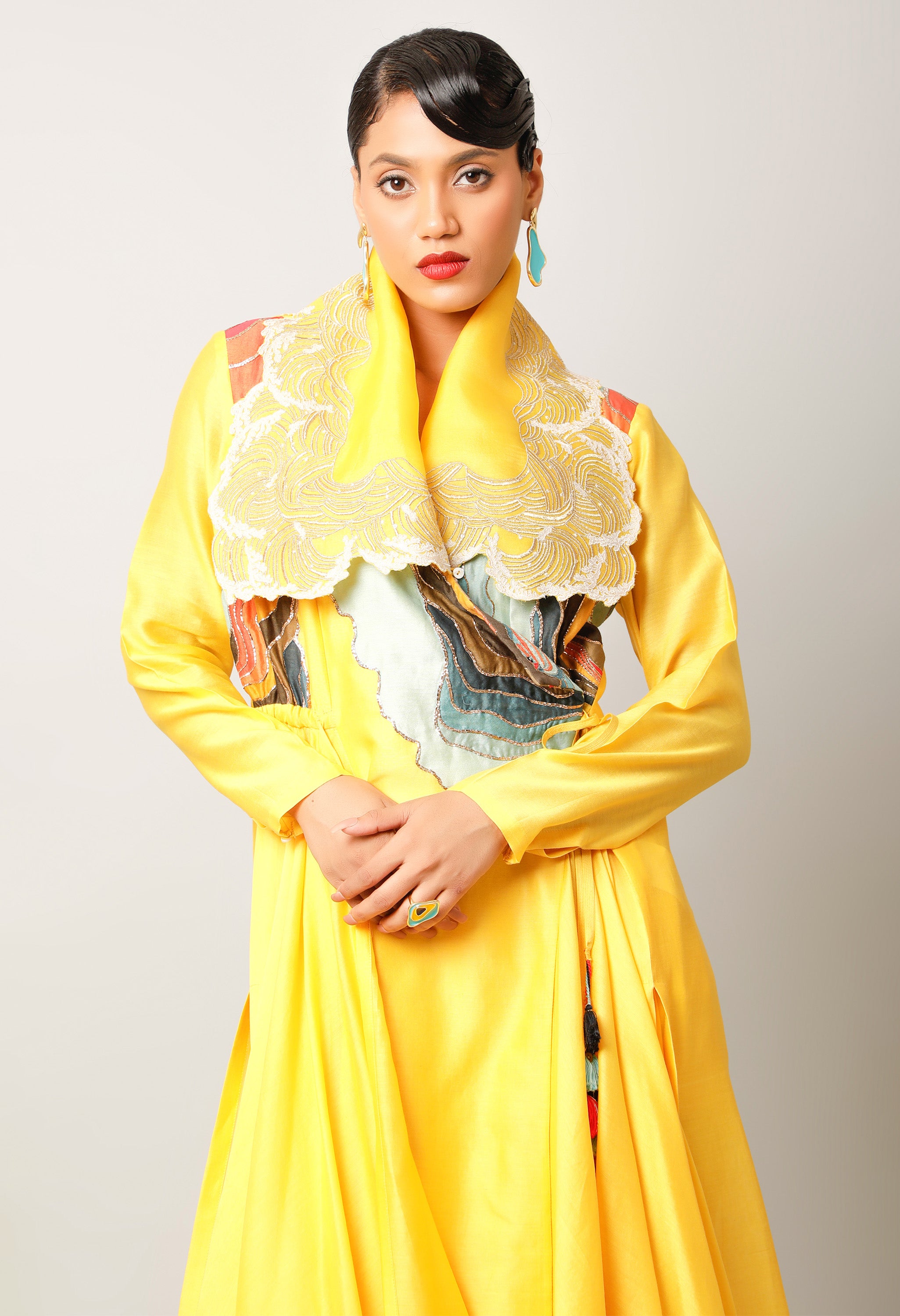 WAVES EMBROIDERED DRAPED COLLAR ANGRAKHA WITH PANTS