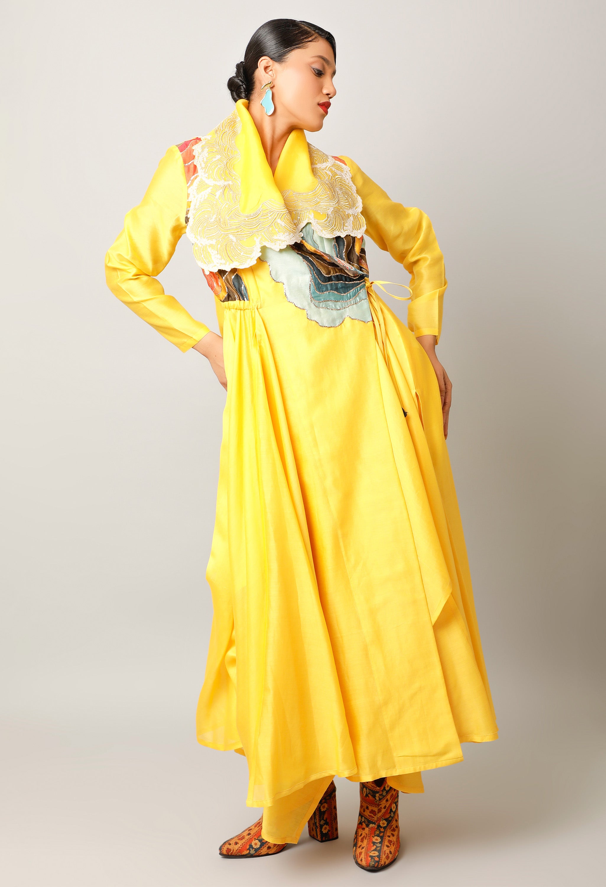 WAVES EMBROIDERED DRAPED COLLAR ANGRAKHA WITH PANTS