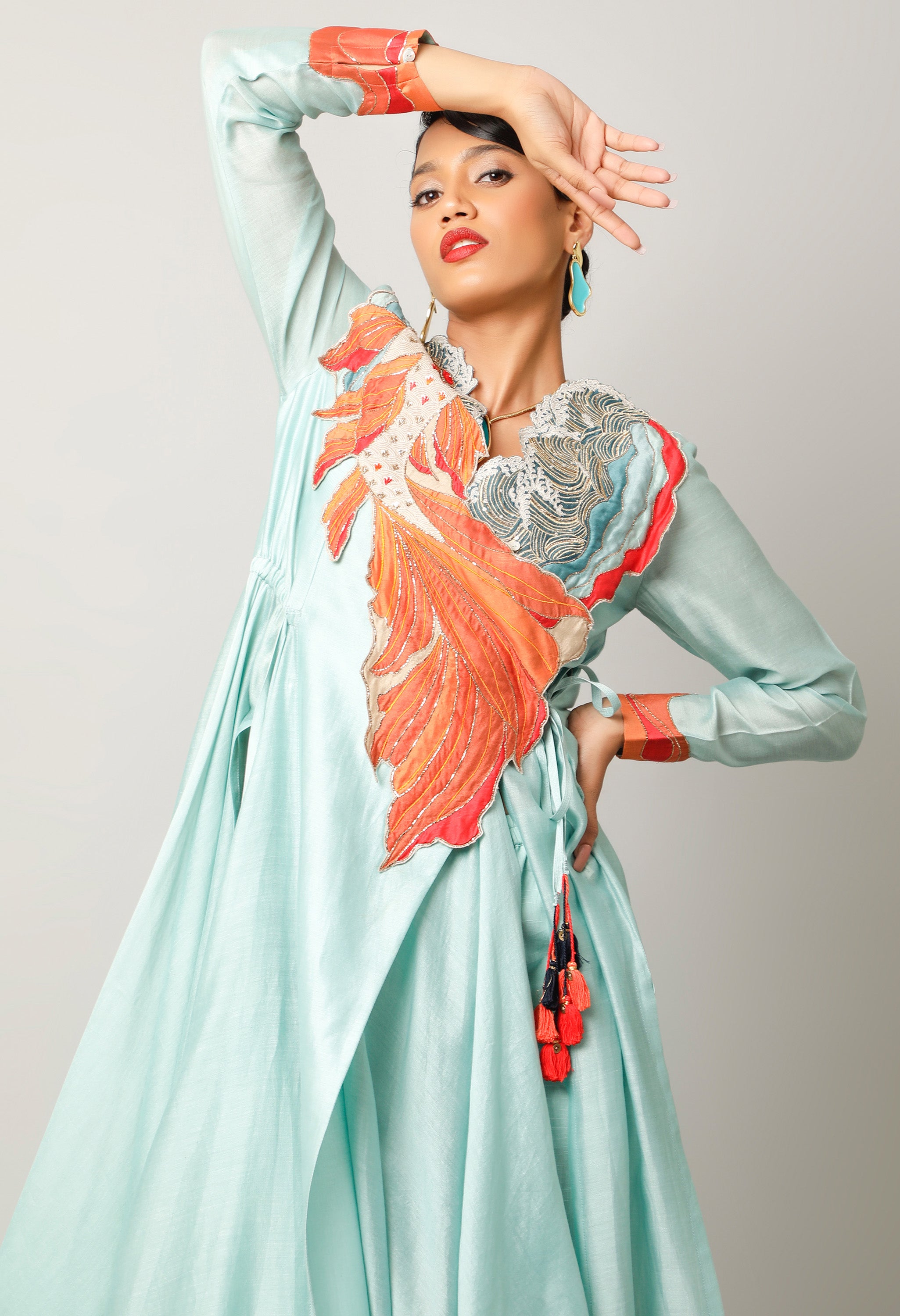 KOI FISH EMBROIDERED ANGRAKHA WITH PANTS