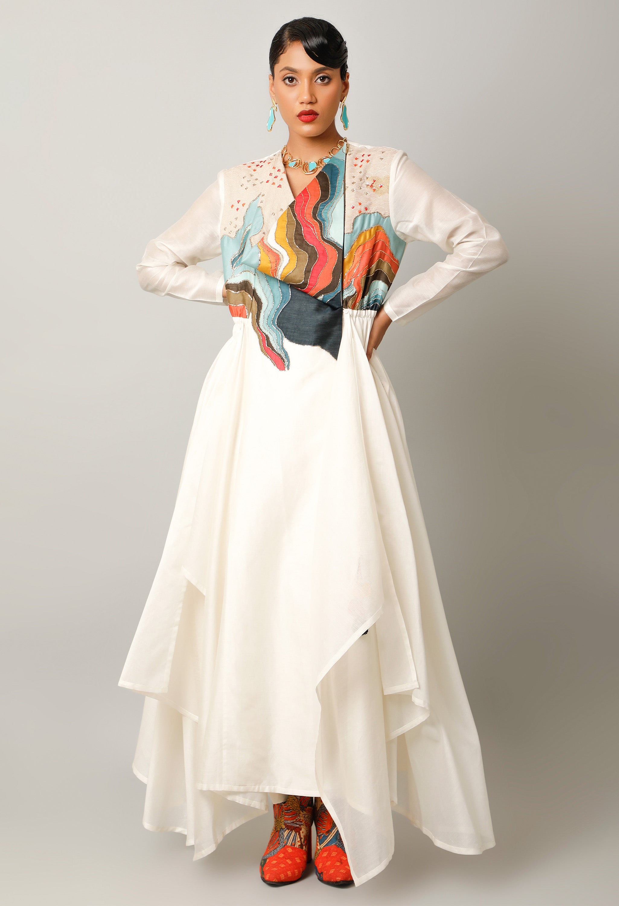 LANDSCAPE EMBROIDERED ZIPPERED ANGRAKHA WITH PANTS