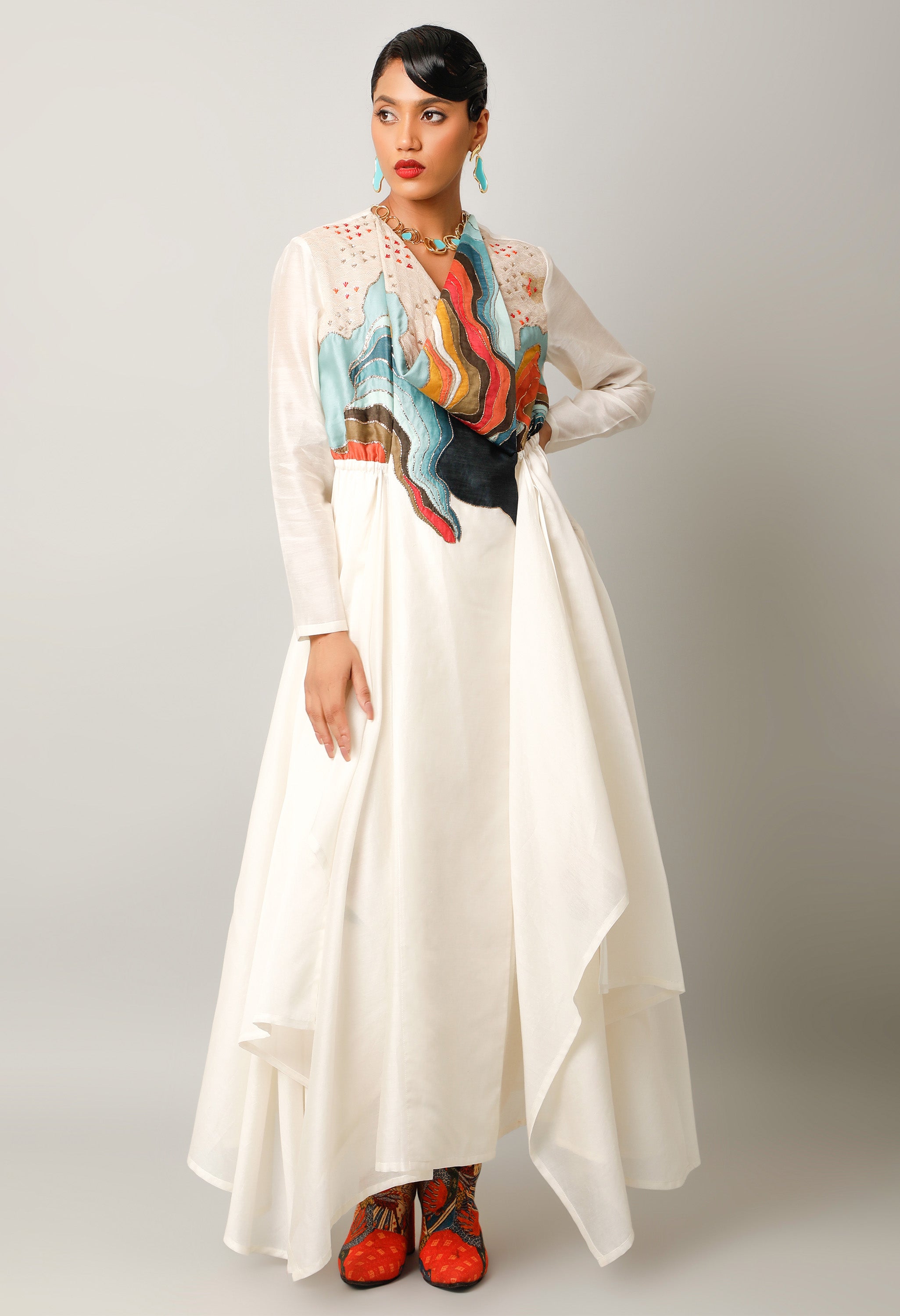 LANDSCAPE EMBROIDERED ZIPPERED ANGRAKHA WITH PANTS