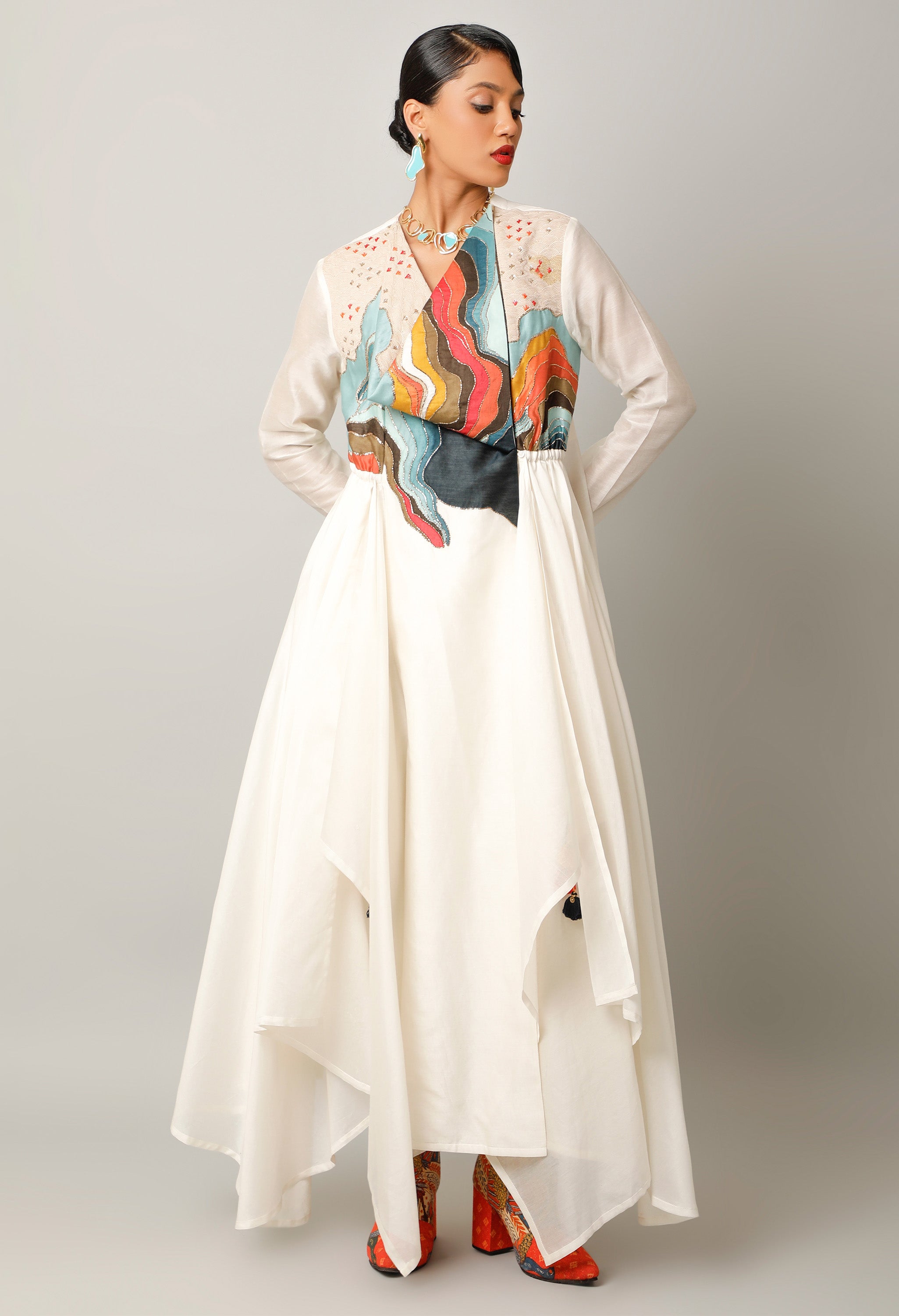 LANDSCAPE EMBROIDERED ZIPPERED ANGRAKHA WITH PANTS