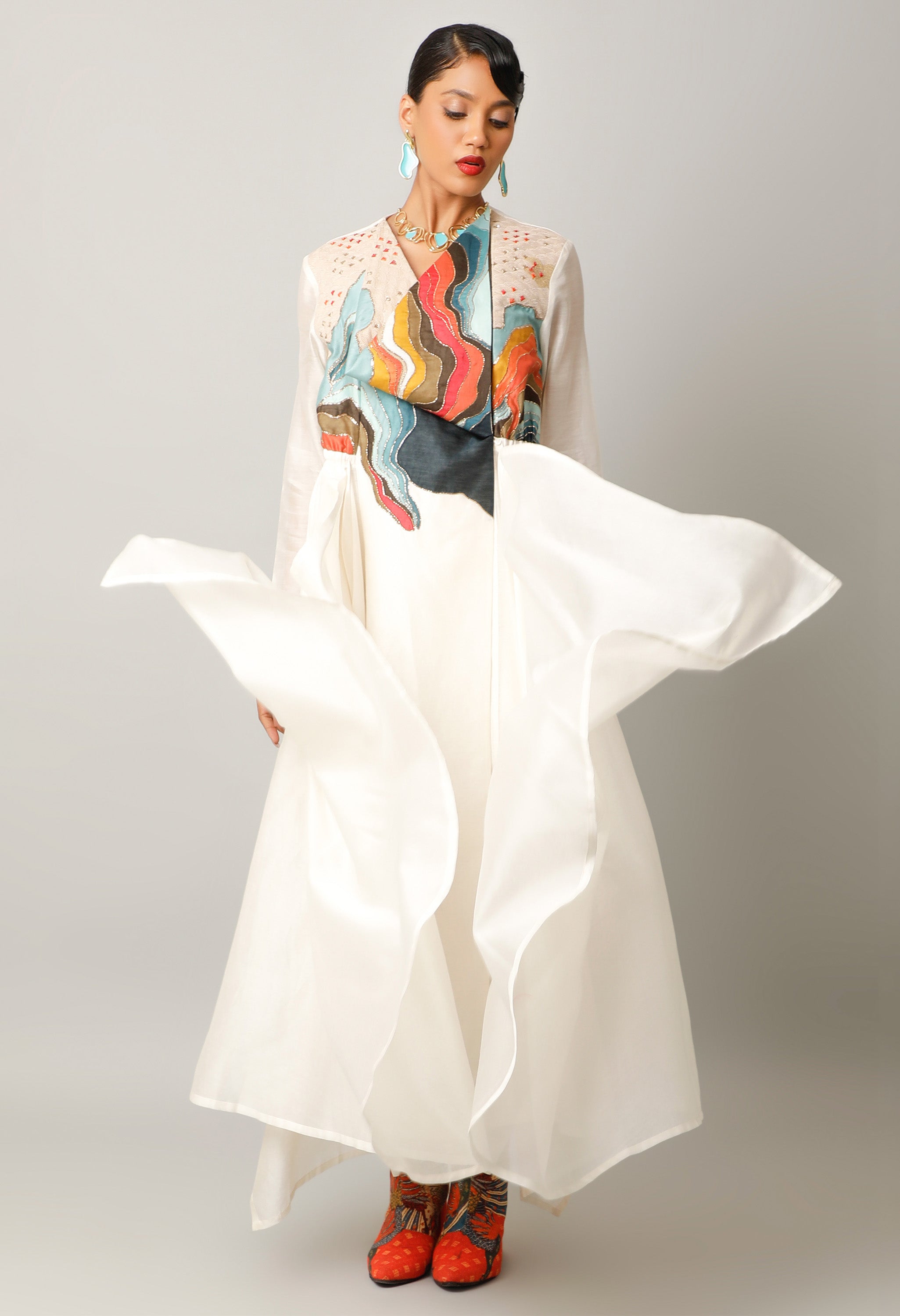 LANDSCAPE EMBROIDERED ZIPPERED ANGRAKHA WITH PANTS