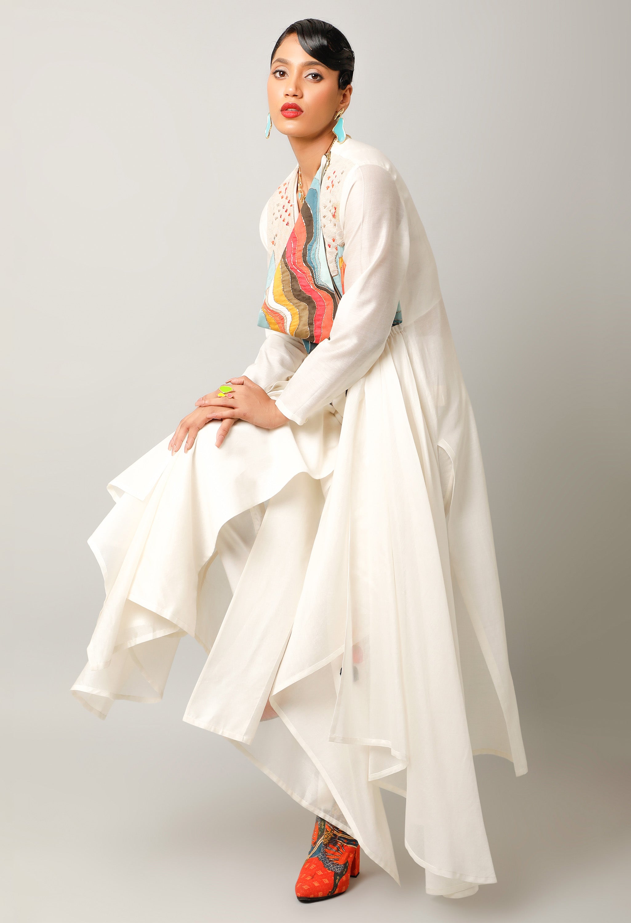 LANDSCAPE EMBROIDERED ZIPPERED ANGRAKHA WITH PANTS