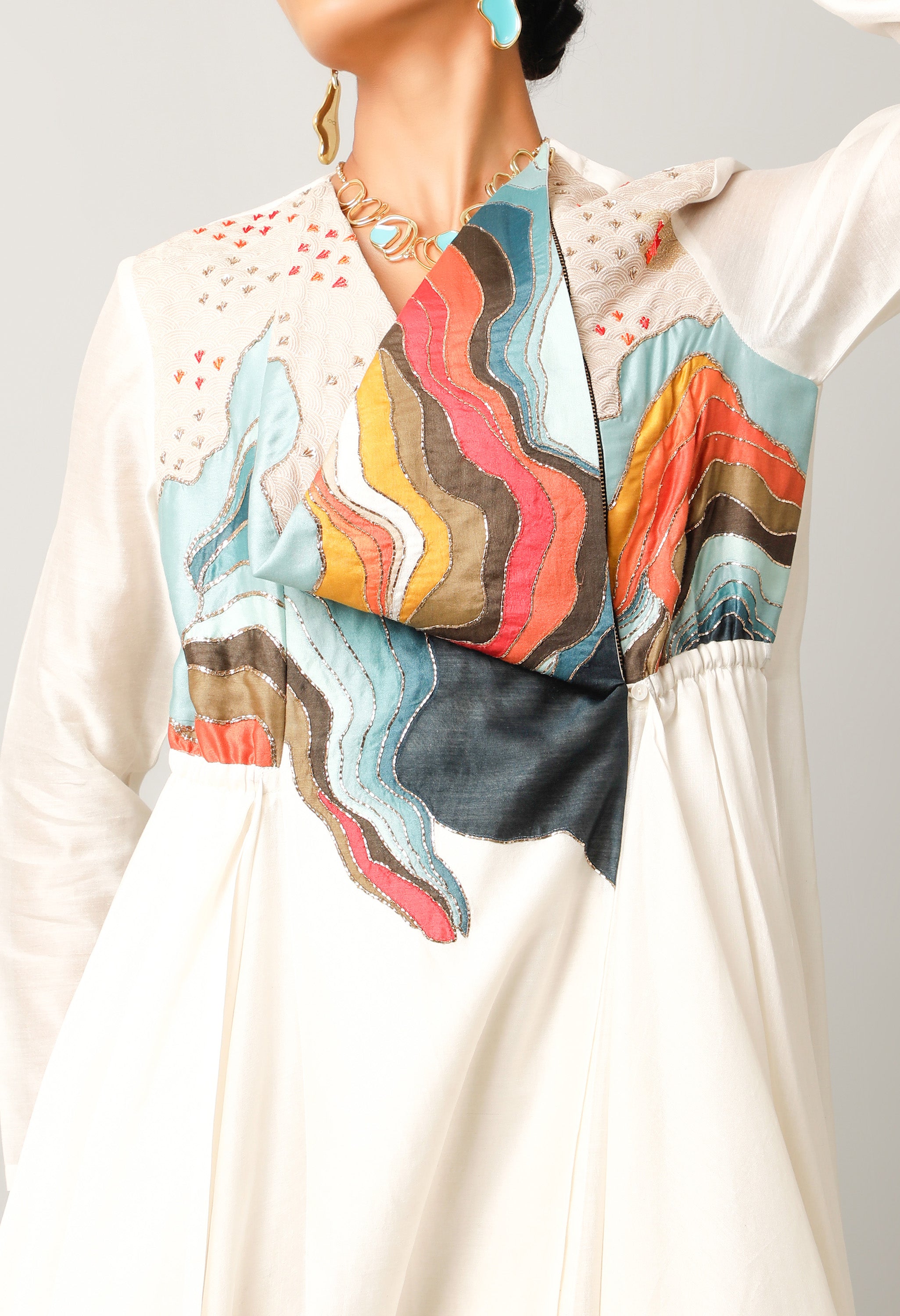 LANDSCAPE EMBROIDERED ZIPPERED ANGRAKHA WITH PANTS