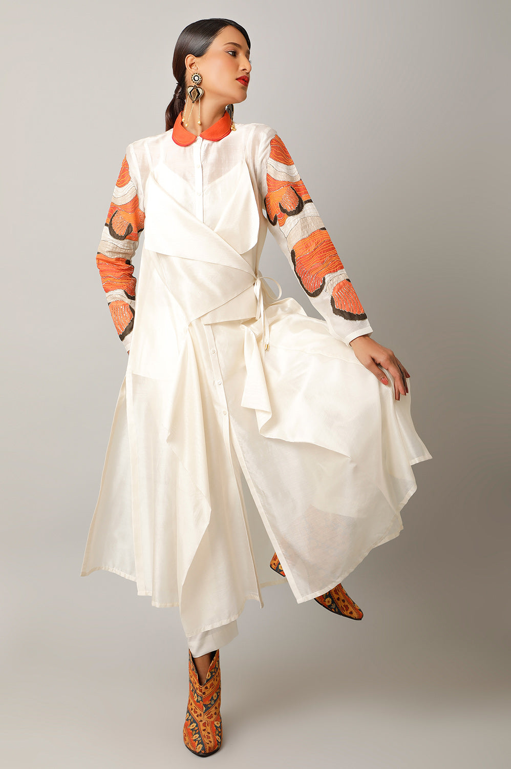 DRAPED SHIRT WITH FISH DETAIL ON THE SLEEVES + INNER SLIP + PANTS