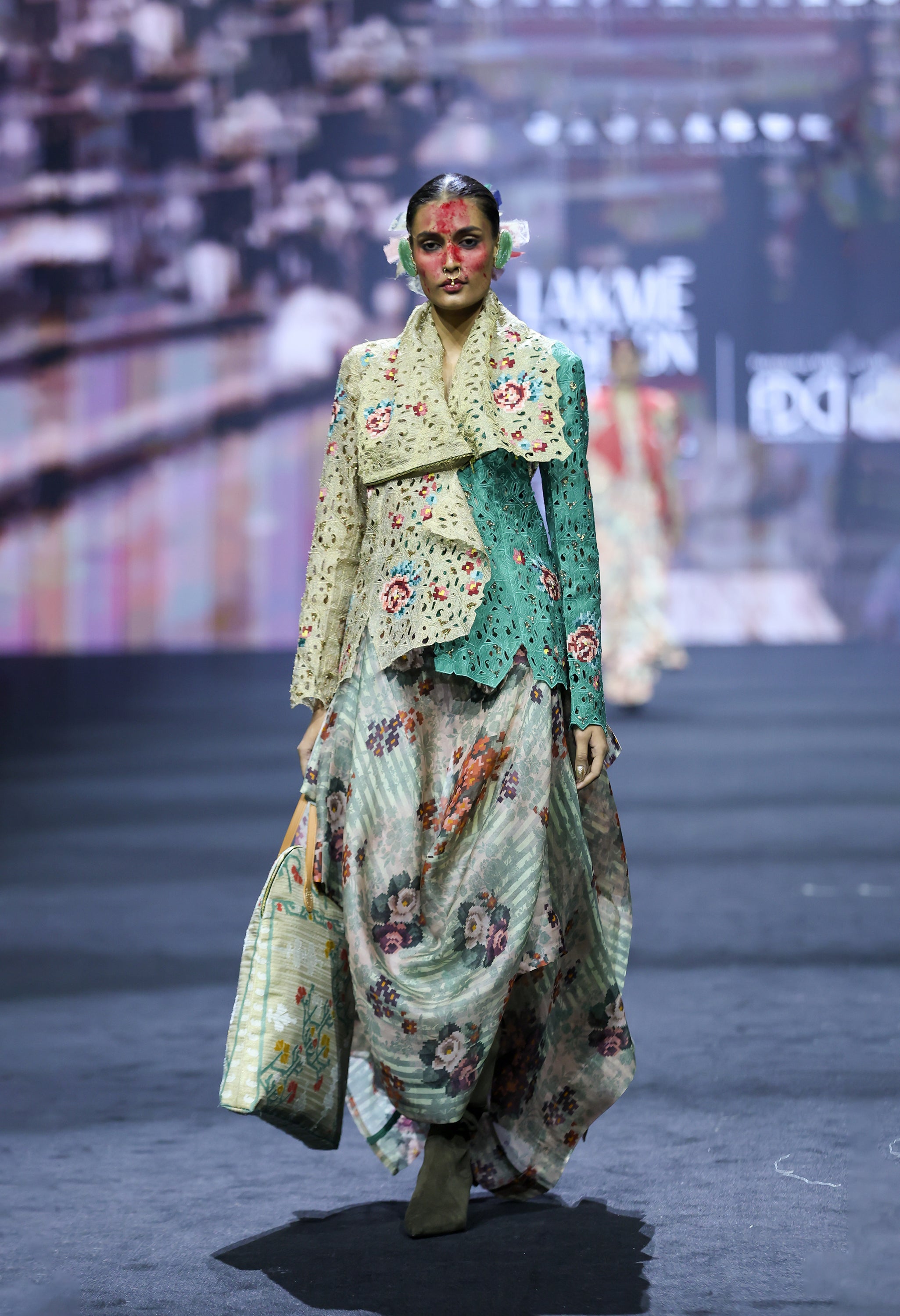 EMB DUAL COLORED DRAPED COLLAR JACKET WITH PRINTED DRAPED ORGANZA SKIRT
