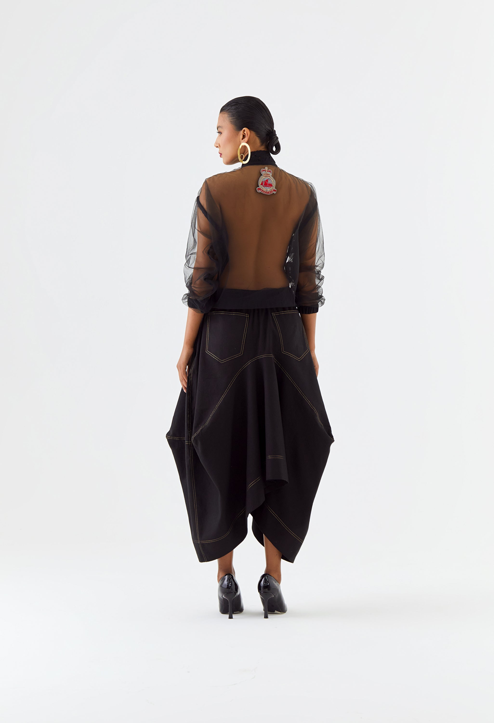 NET BOMBER JACKET + PLEATED SKIRT ATTACHED WITH PANTS