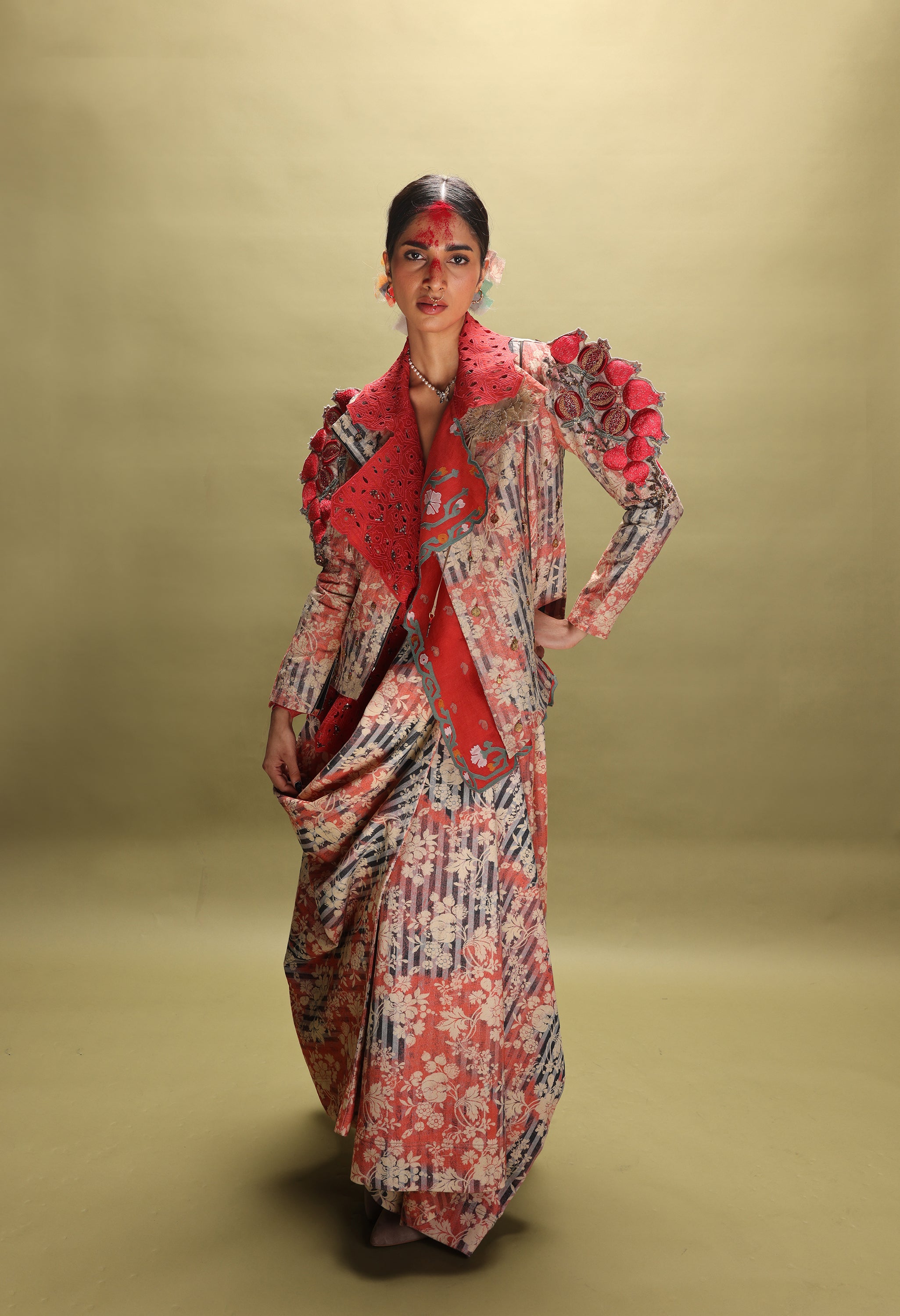 EMB ORGANZA SHORT TRENCH + 3D POMEGRANTE EMB QUILTED JACKET WITH PRINTED DENIM DRAPED SKIRT