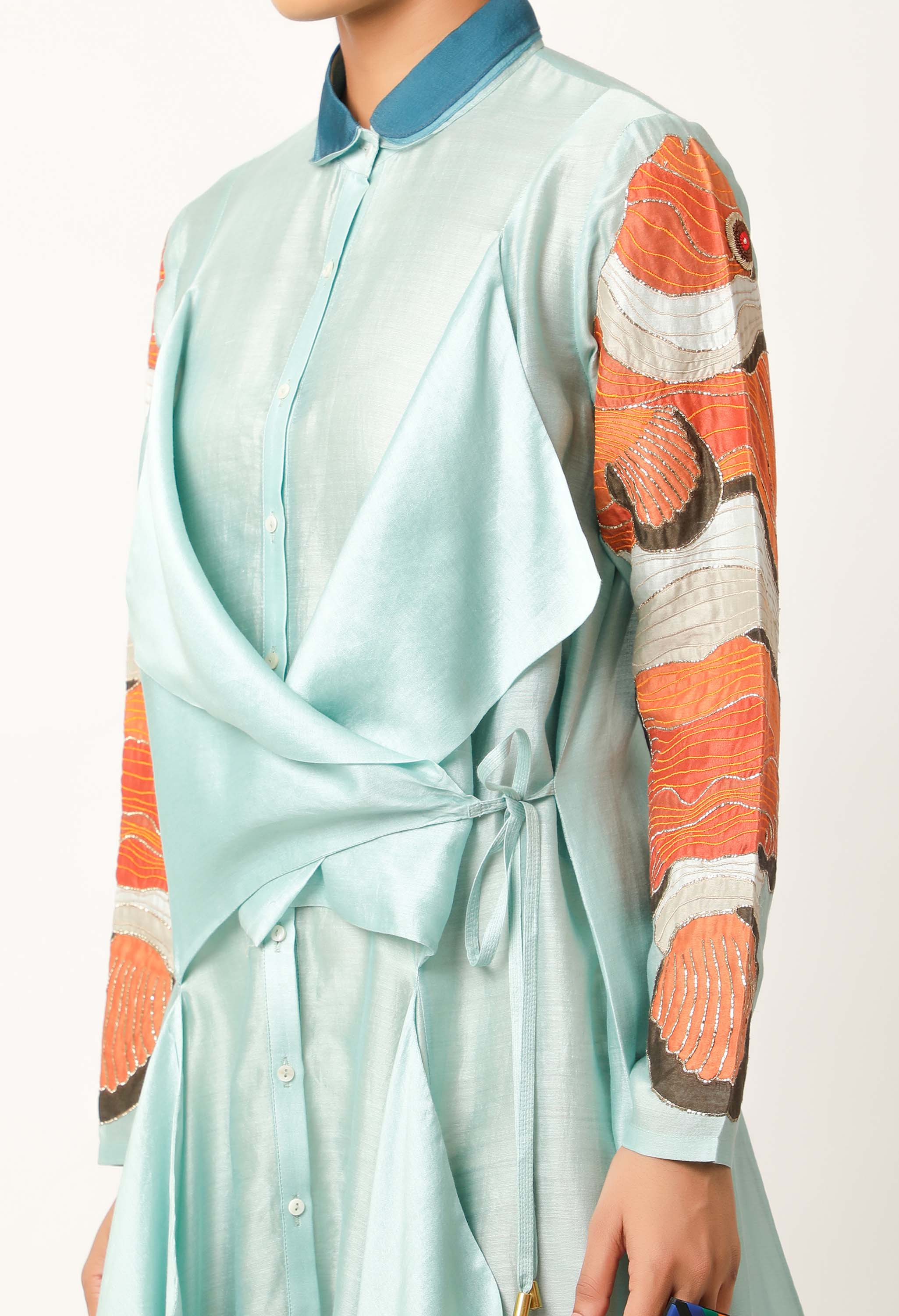 DRAPED SHIRT WITH FISH DETAIL ON THE SLEEVES + INNER SLIP + PANTS