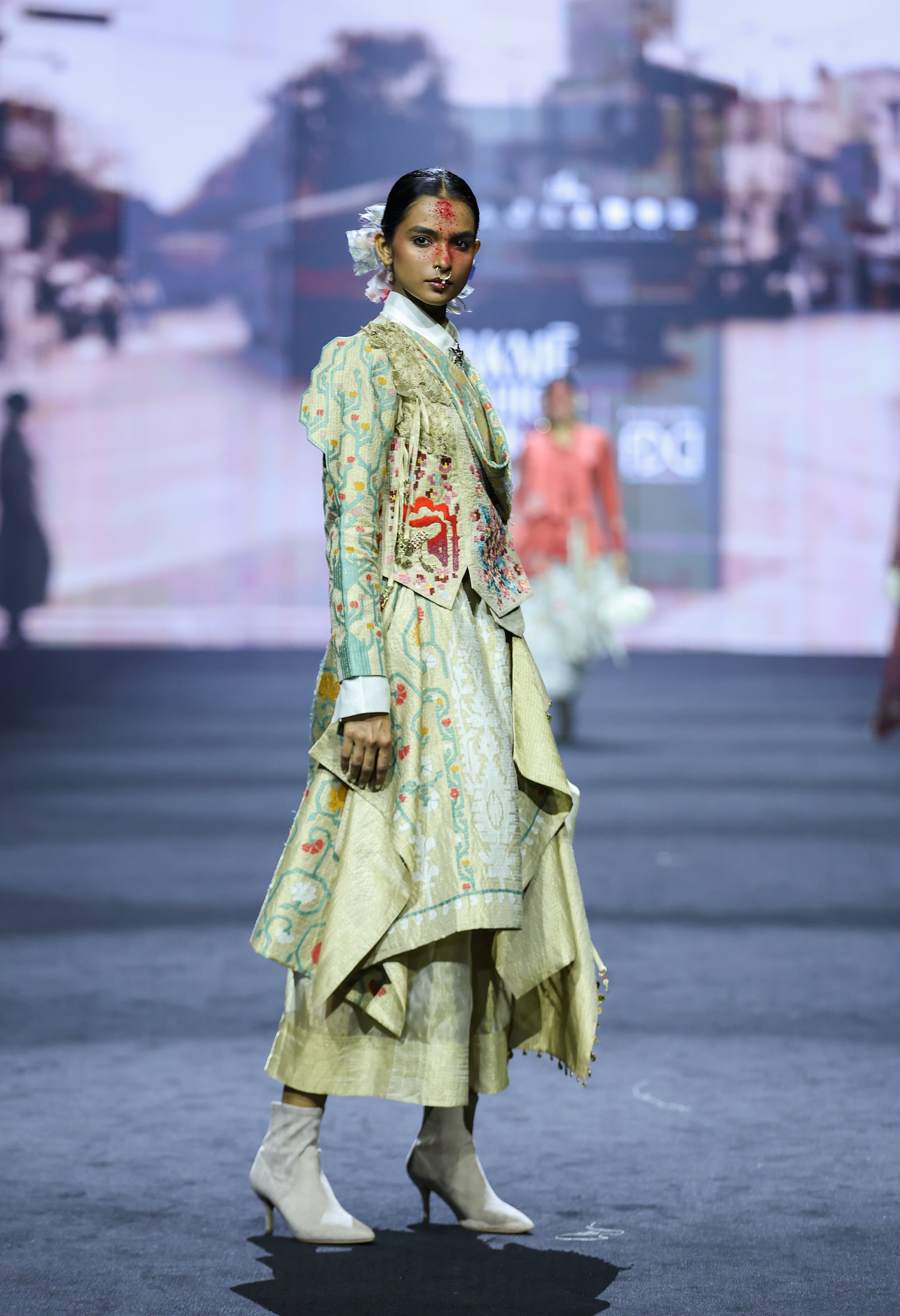 EMB ENGINEERED DRAPED JACKET WITH 3D SLEEVES + LAYERED SKIRT + SHIRT