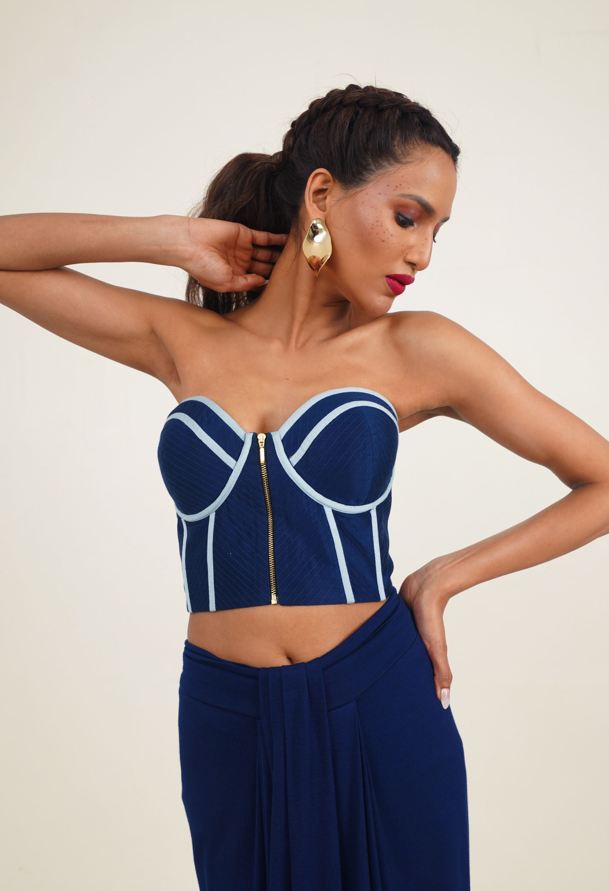 FLORAL CUTWORK JACKET WITH BUSTIER AND DRAPED JERSEY SKIRT