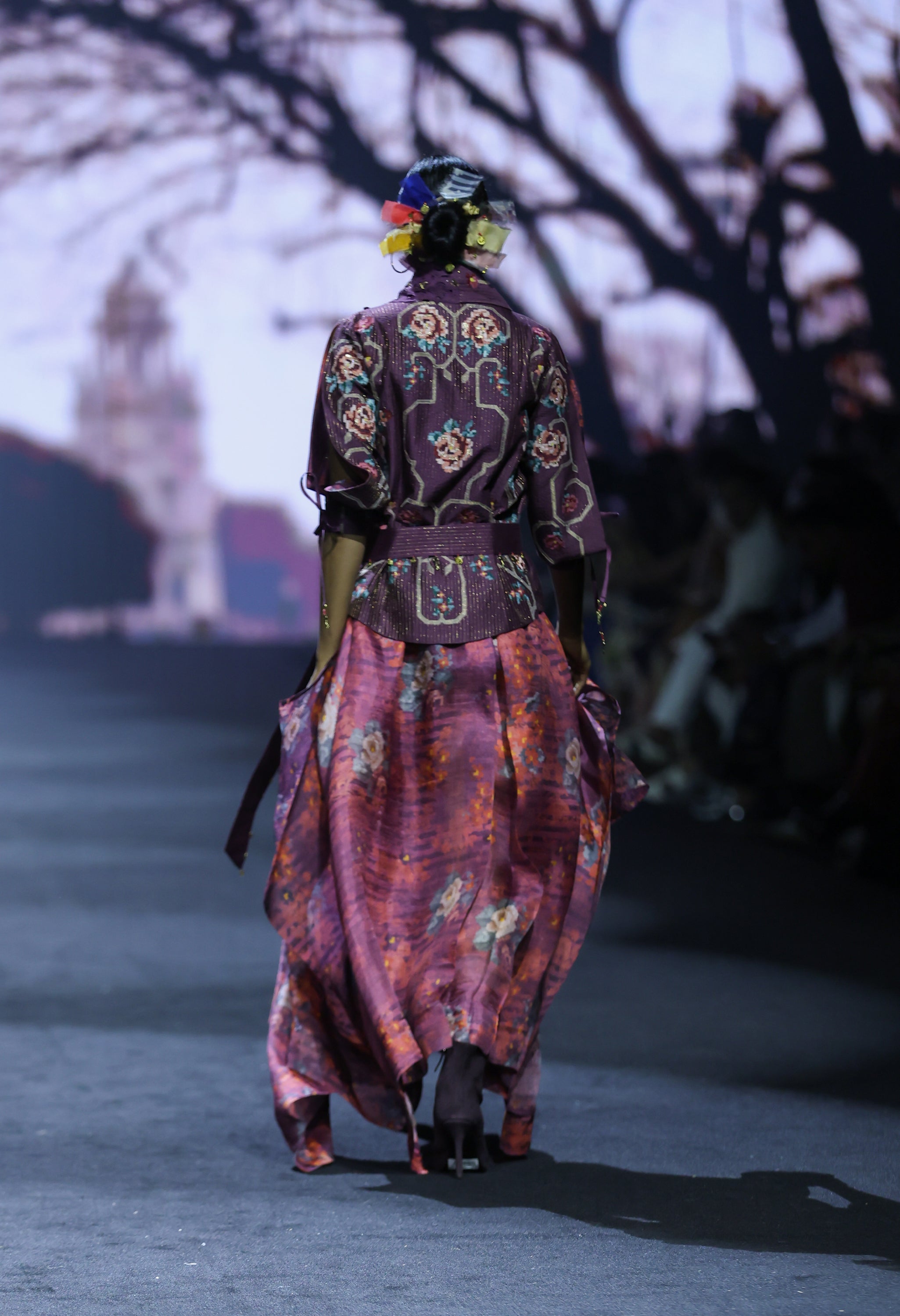 ENGINEERED DRAPED JACKET WITH PRINTED ORGANZA SKIRT