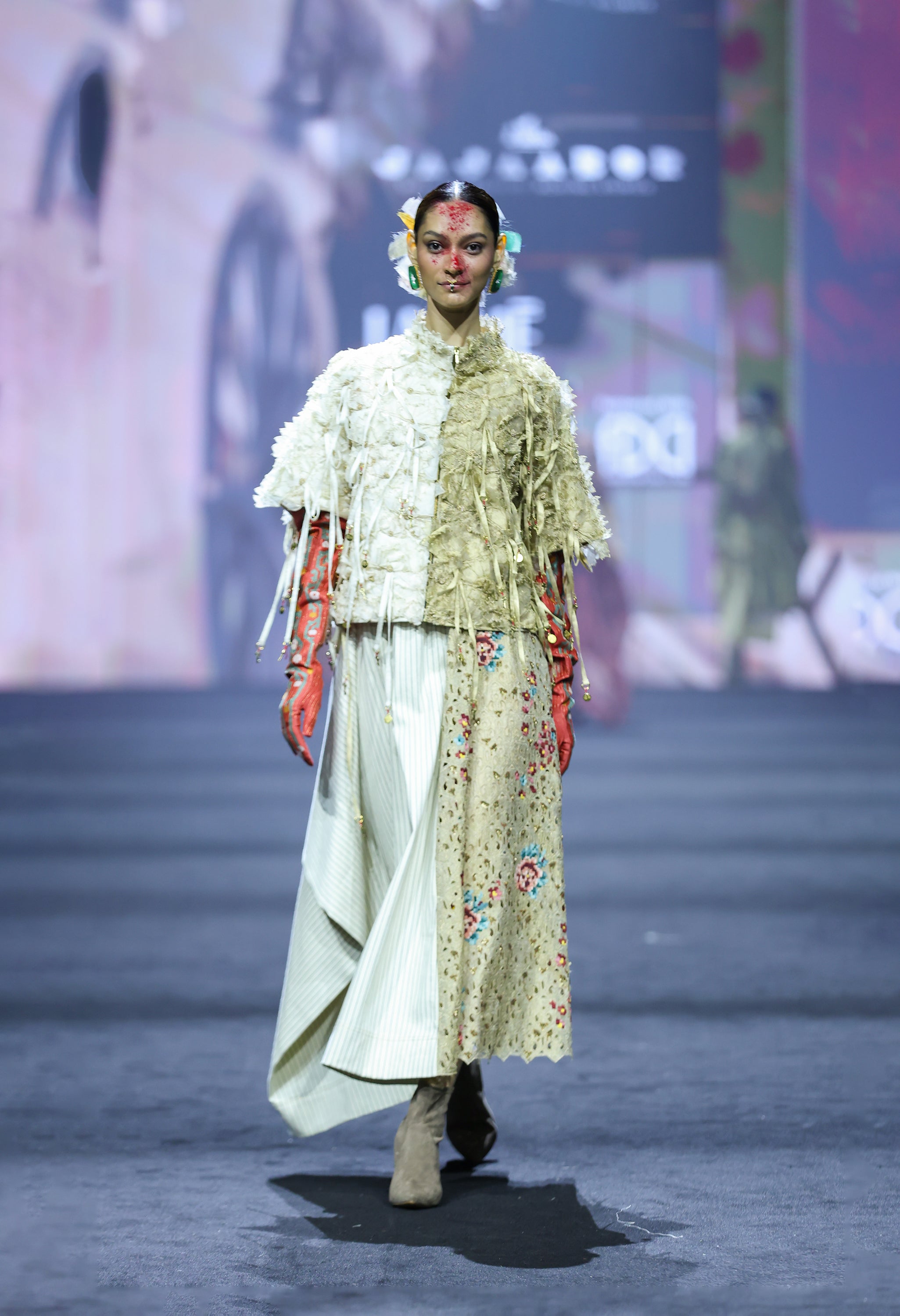 3D FLORAL DUAL COLOR JACKET WITH STRIPED DENIM AND EMB GOLD PANELLED SKIRT