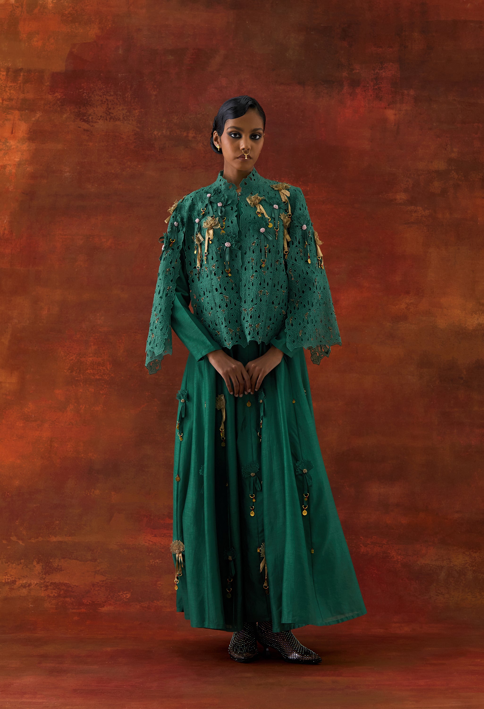 EMBROIDERED CUTWORK CAPE WITH 3D FLOWER KALIDAR