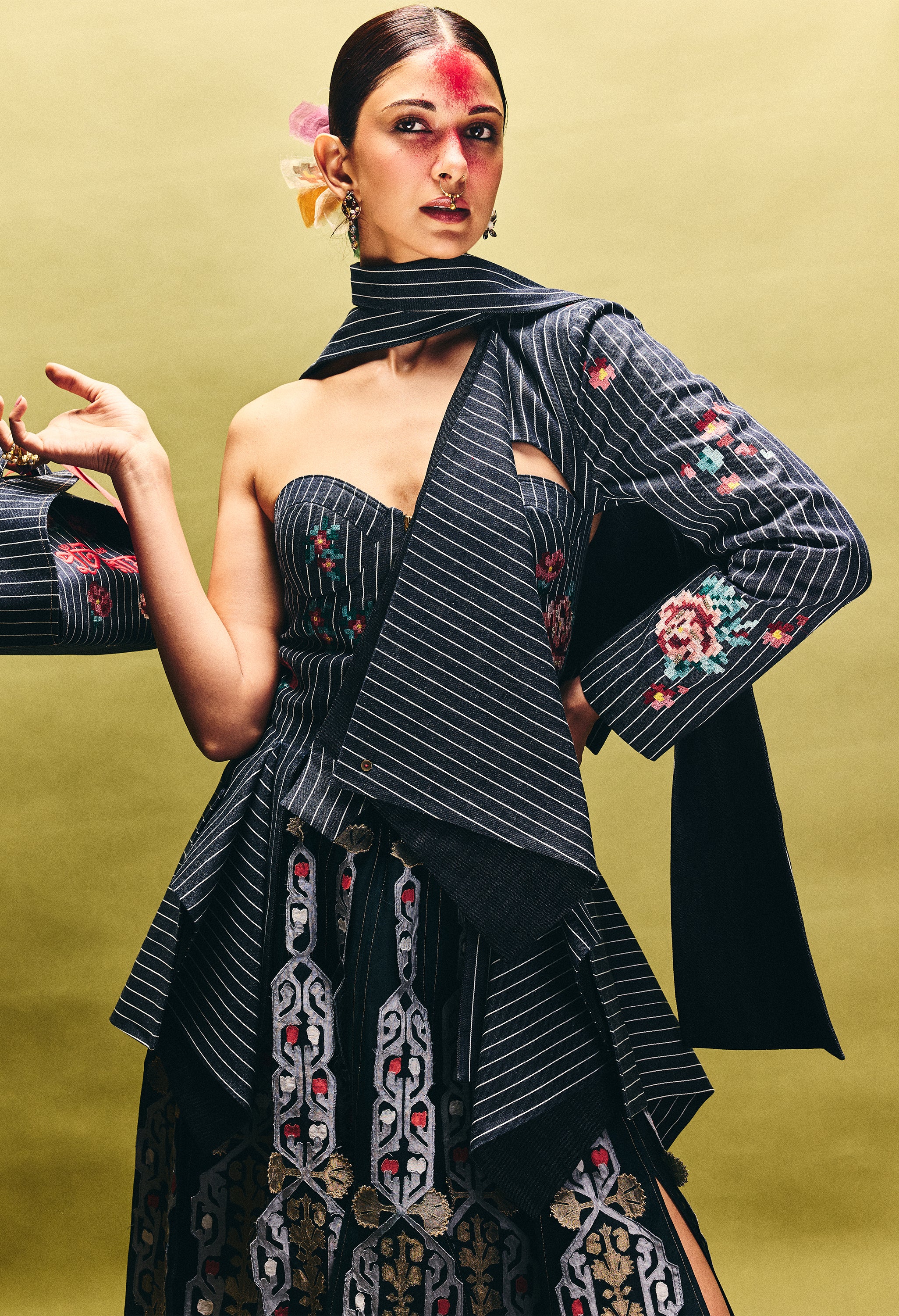 EMB STRIPED DENIM ENGINEERED CORSET DRESS WITH EMB PANELLED SKIRT