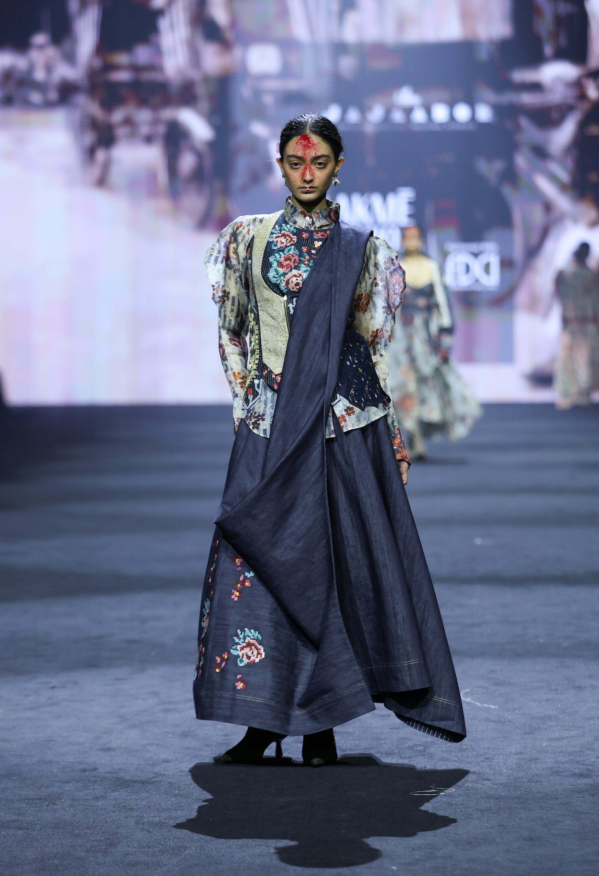 PRINTED ORGANZA SHIRT WITH EMB ANGRAKHA STYLE JACKET AND DRAPED DENIM SKIRT
