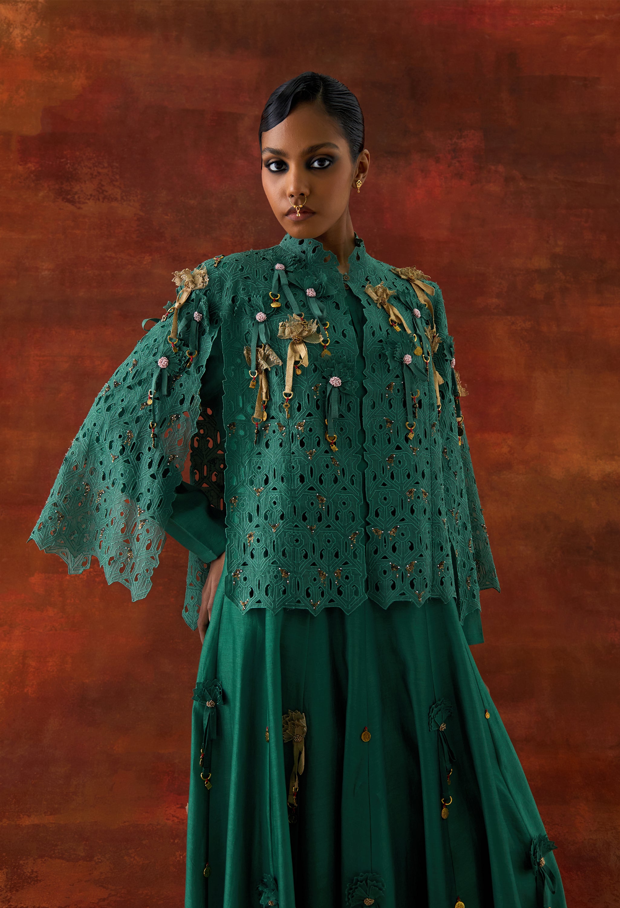 EMBROIDERED CUTWORK CAPE WITH 3D FLOWER KALIDAR