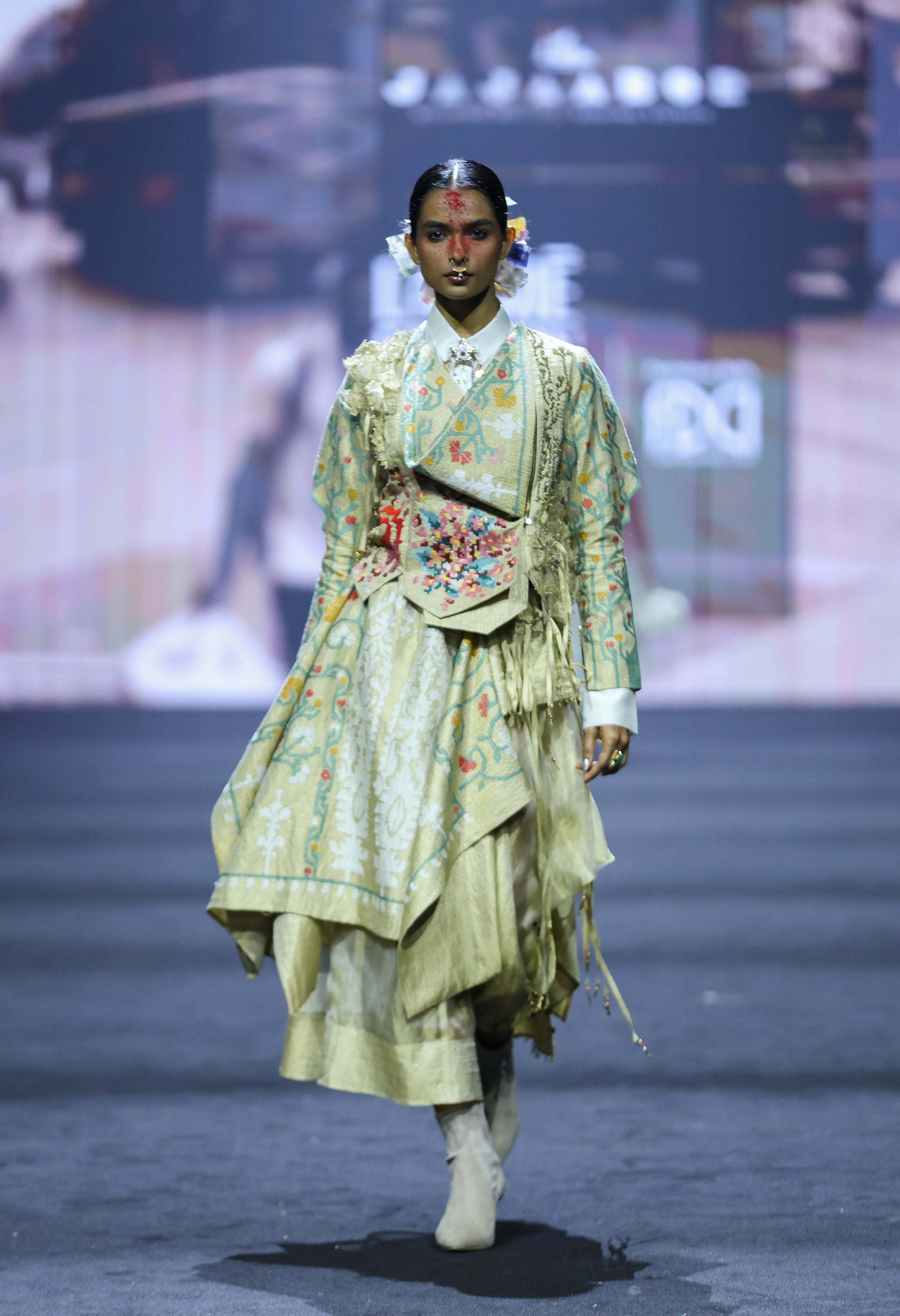 EMB ENGINEERED DRAPED JACKET WITH 3D SLEEVES + LAYERED SKIRT + SHIRT