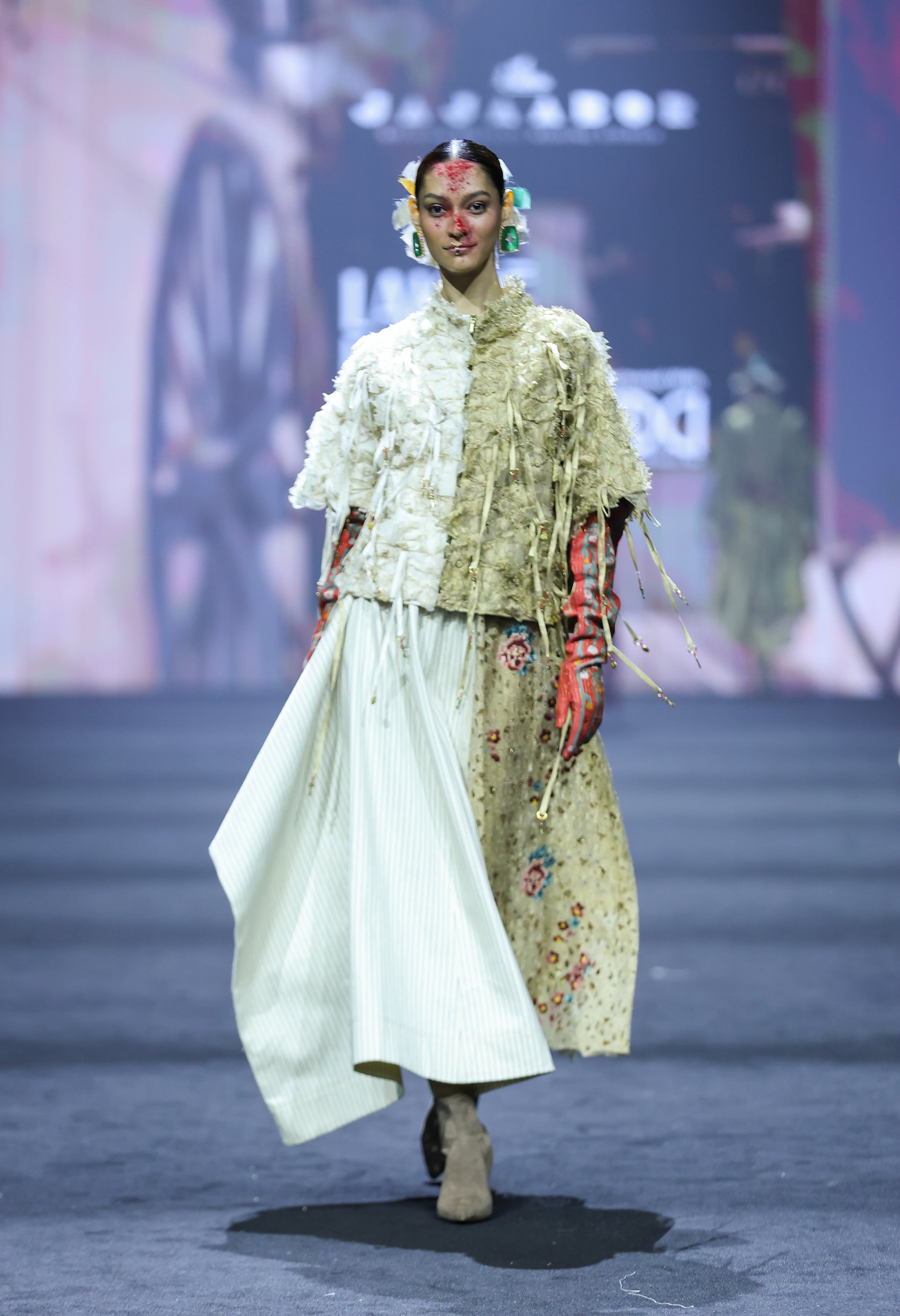 3D FLORAL DUAL COLOR JACKET WITH STRIPED DENIM AND EMB GOLD PANELLED SKIRT