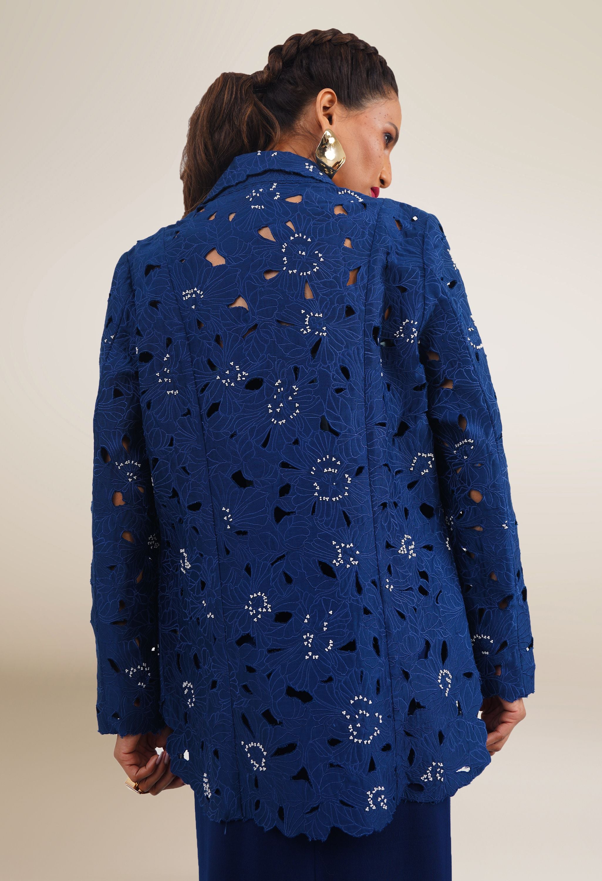 FLORAL CUTWORK JACKET WITH BUSTIER AND DRAPED JERSEY SKIRT