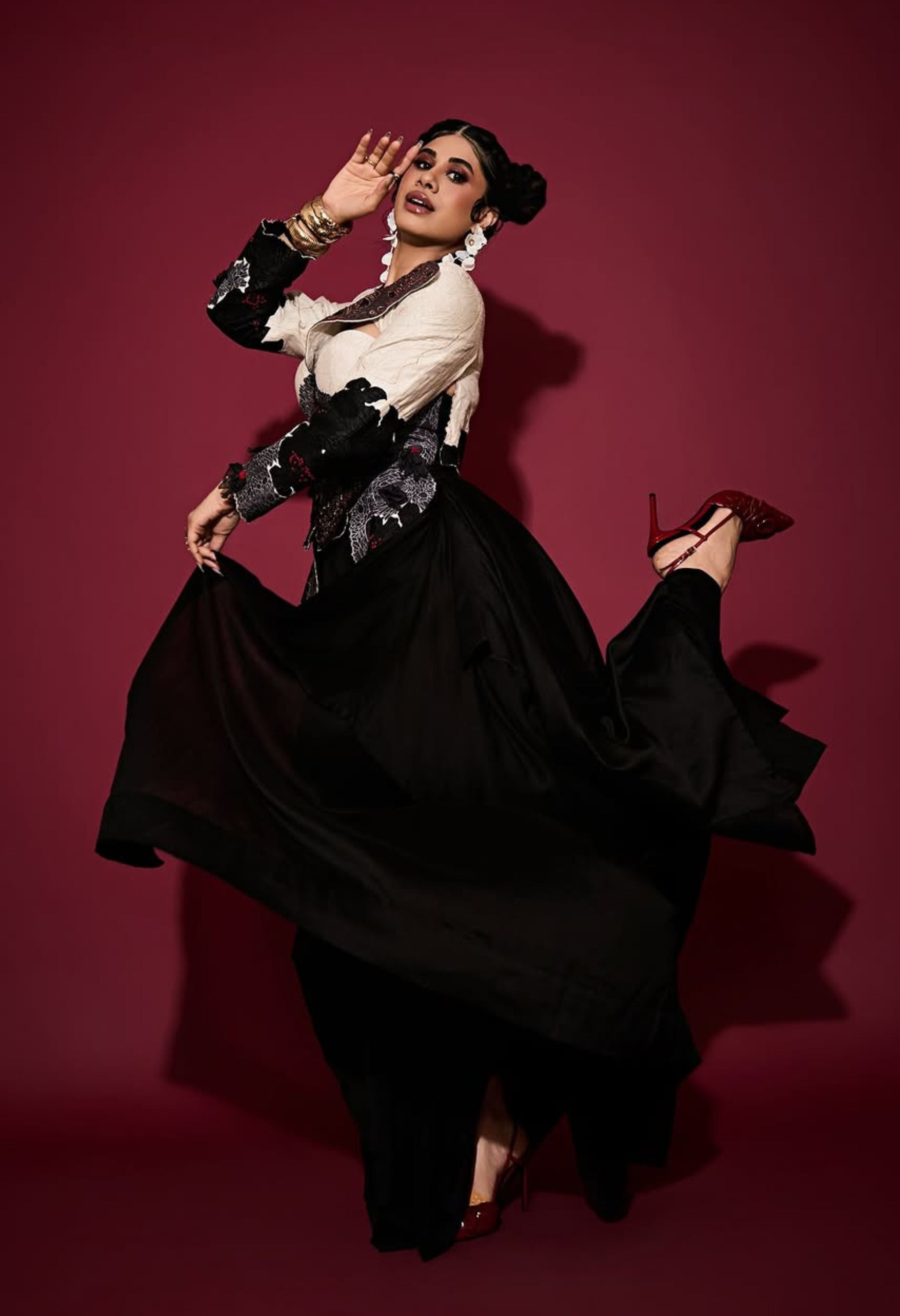 BUTTERFLY EMB BUSTIER JACKET WITH DRAPED SKIRT