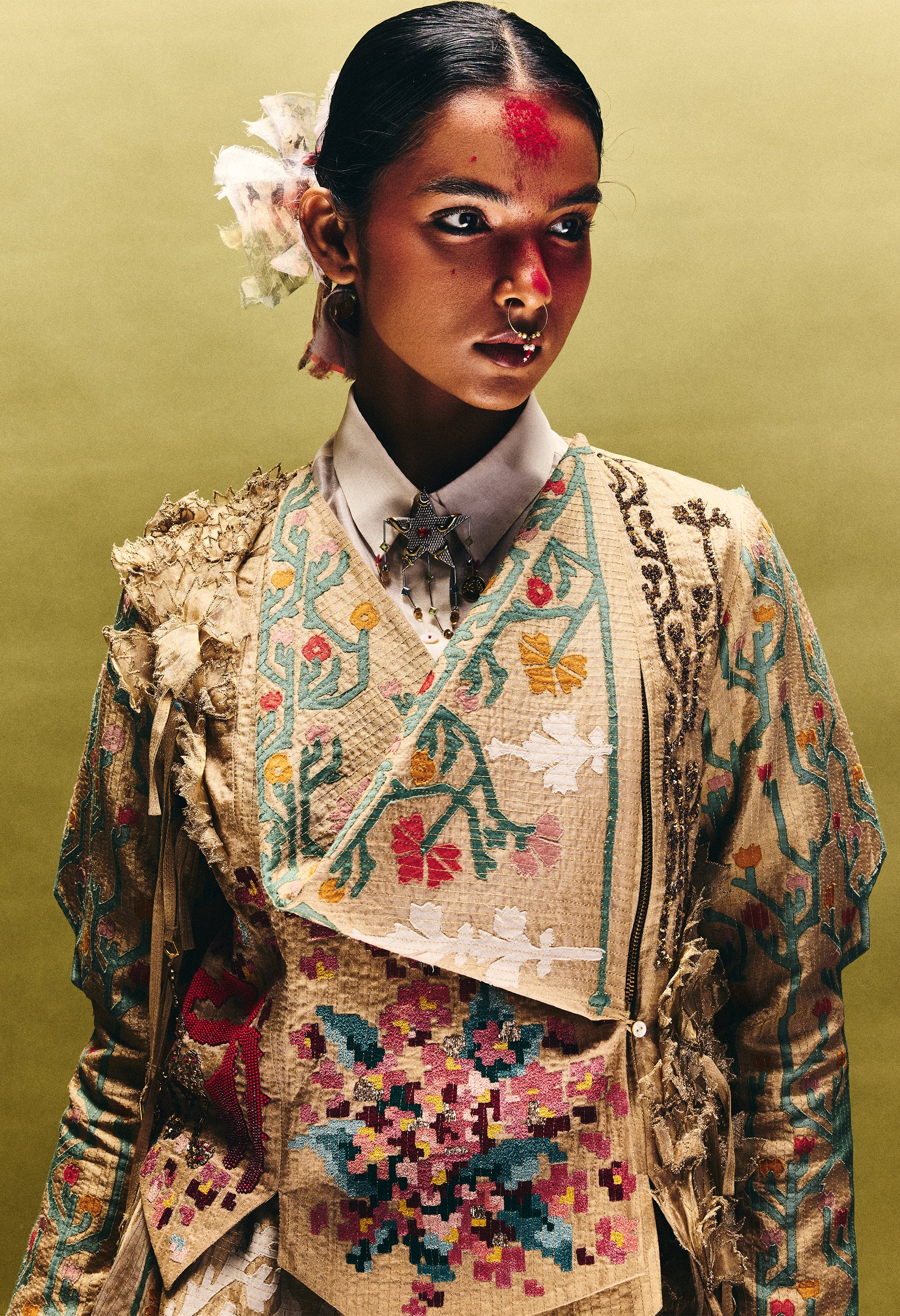 EMB ENGINEERED DRAPED JACKET WITH 3D SLEEVES + LAYERED SKIRT + SHIRT