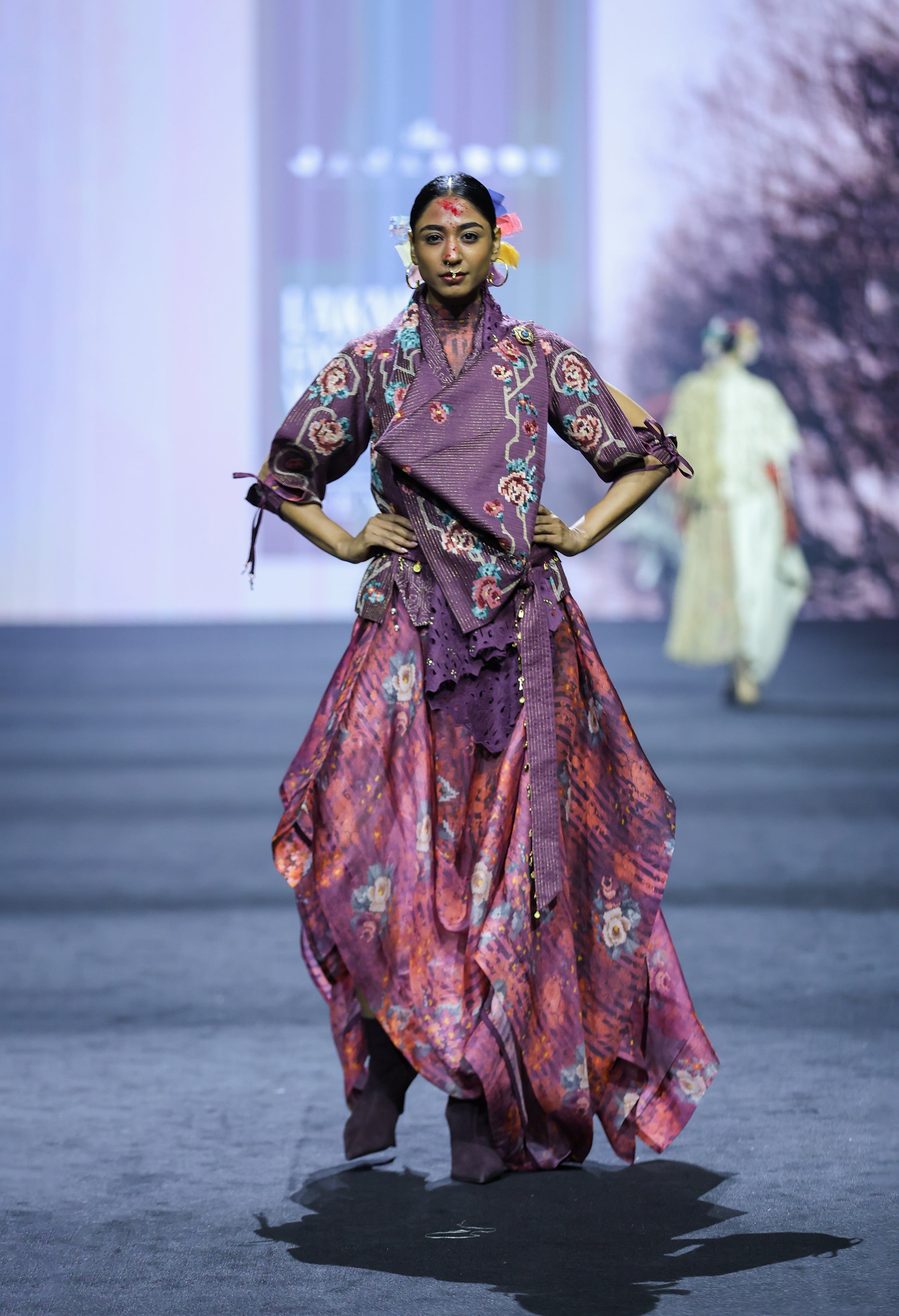ENGINEERED DRAPED JACKET WITH PRINTED ORGANZA SKIRT