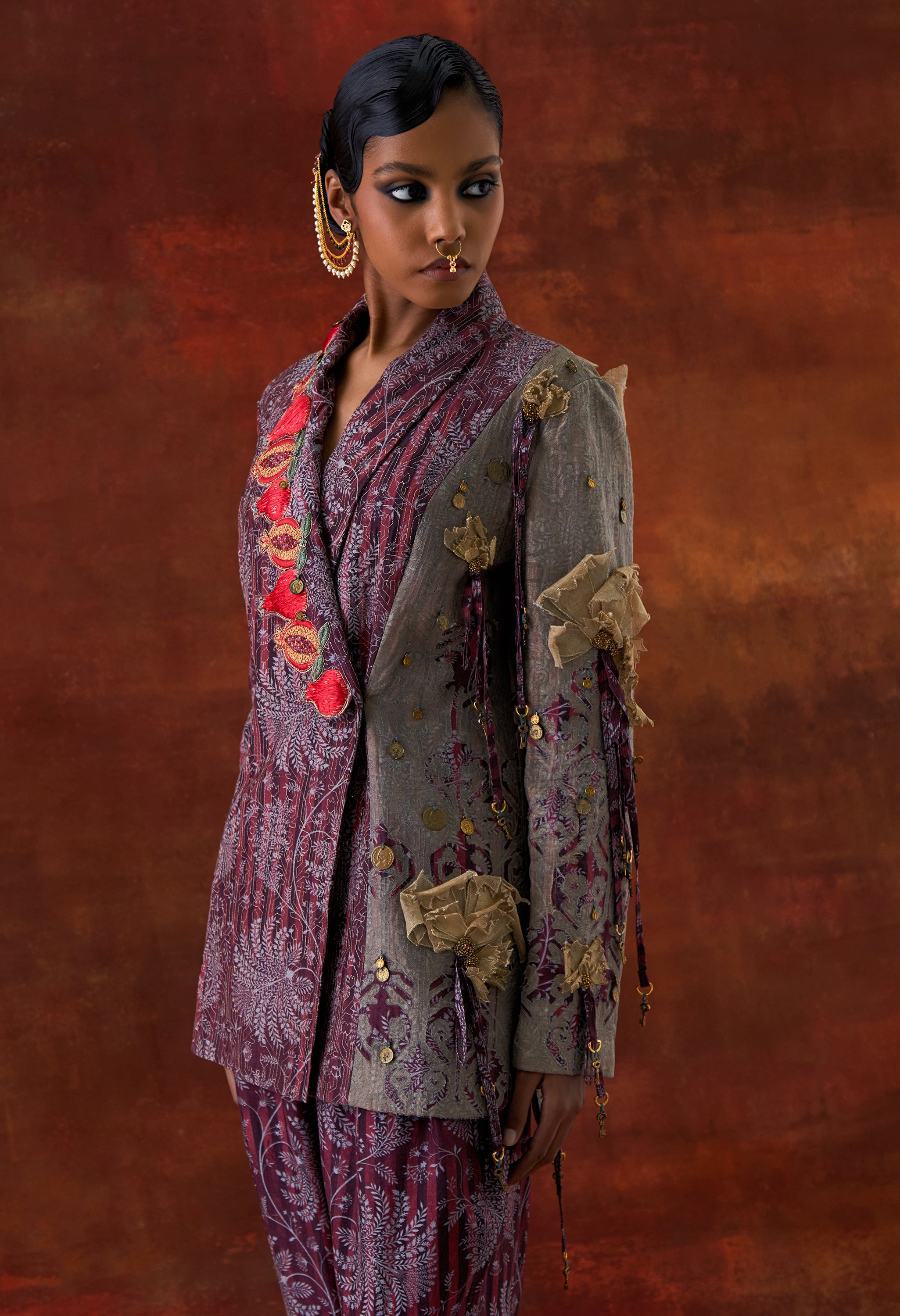 POMEGRANATE EMB DOUBLE LAPEL JACKET WITH PRINTED JOGGERS