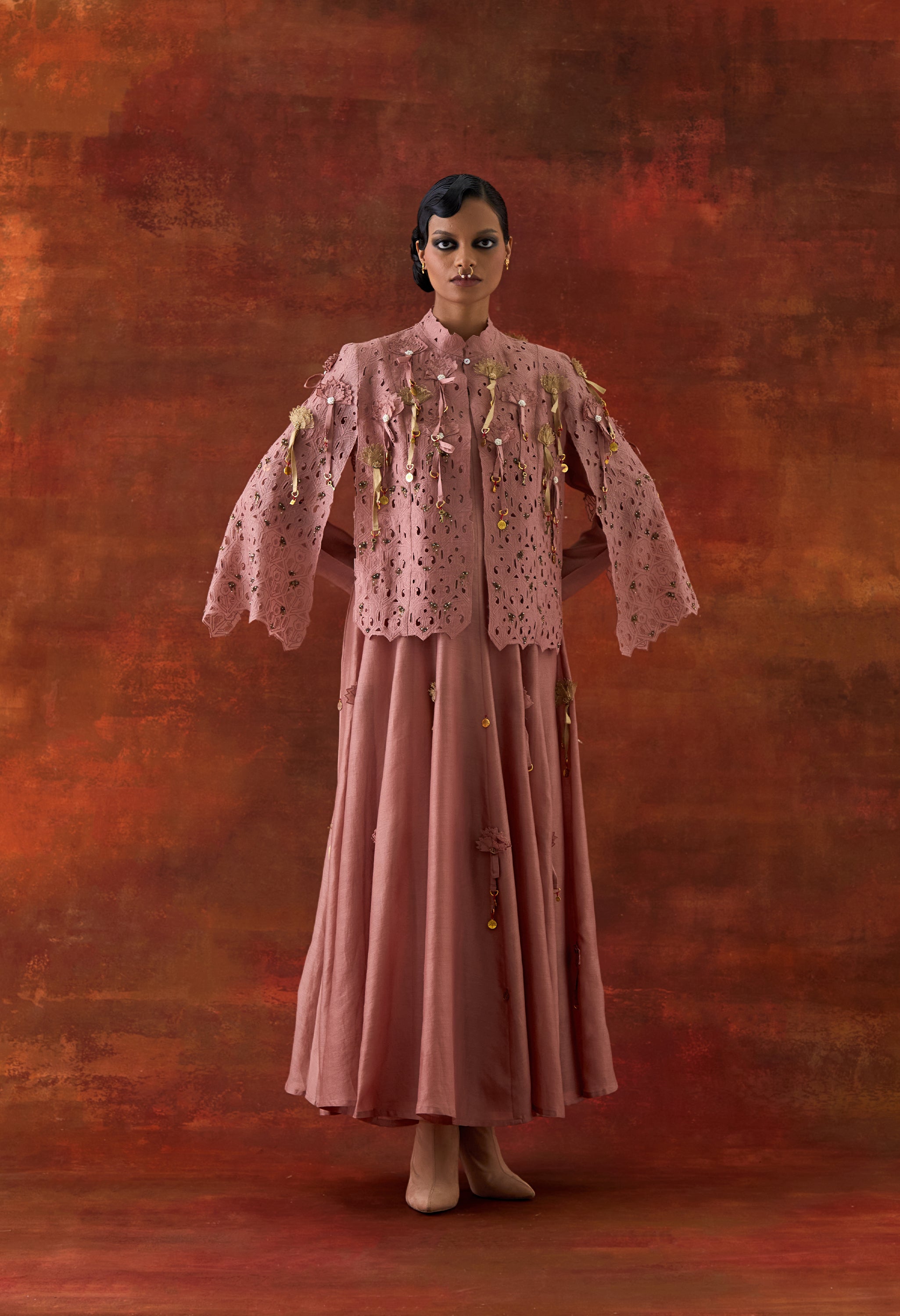 EMBROIDERED CUTWORK CAPE WITH 3D FLOWER KALIDAR