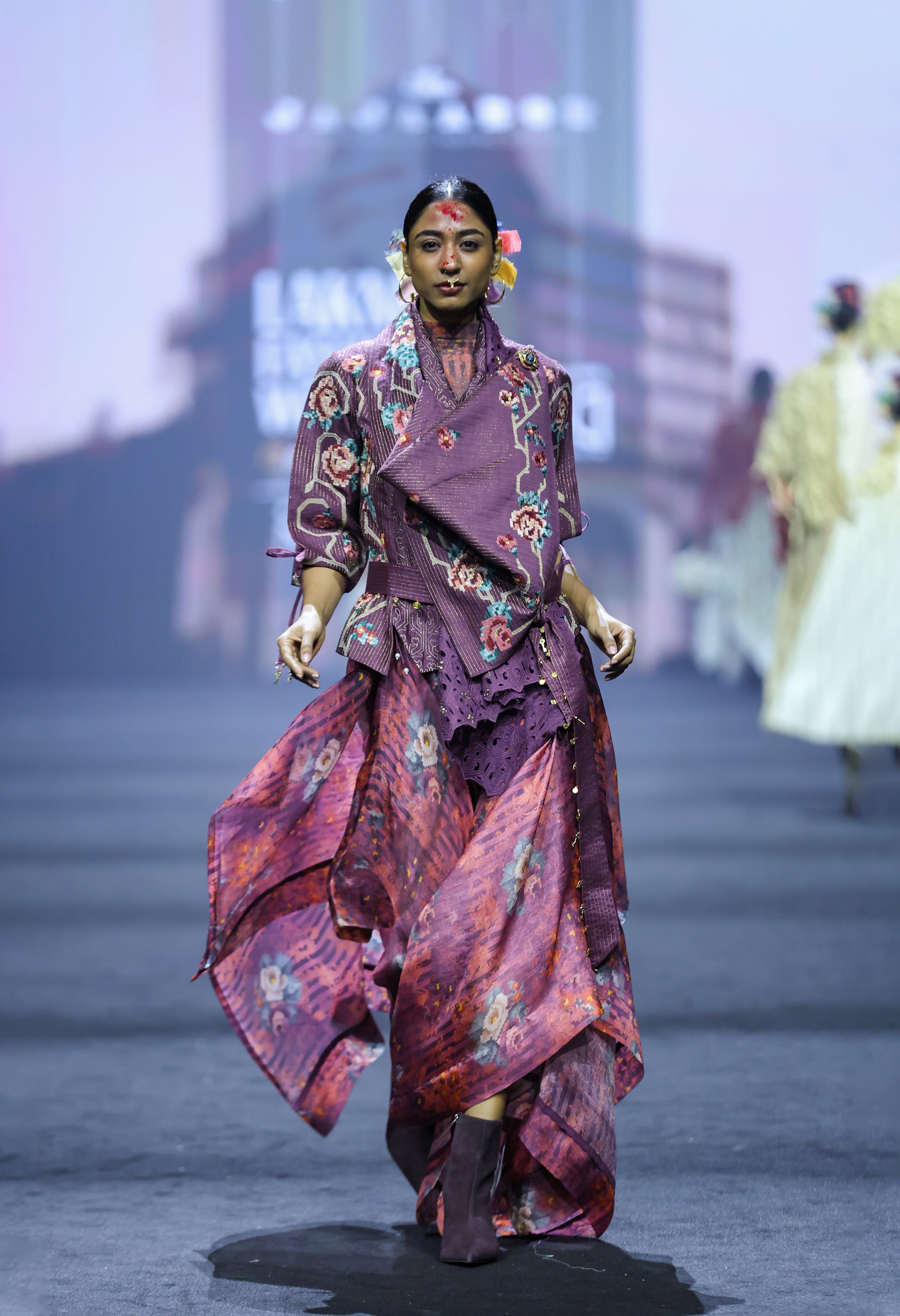 ENGINEERED DRAPED JACKET WITH PRINTED ORGANZA SKIRT