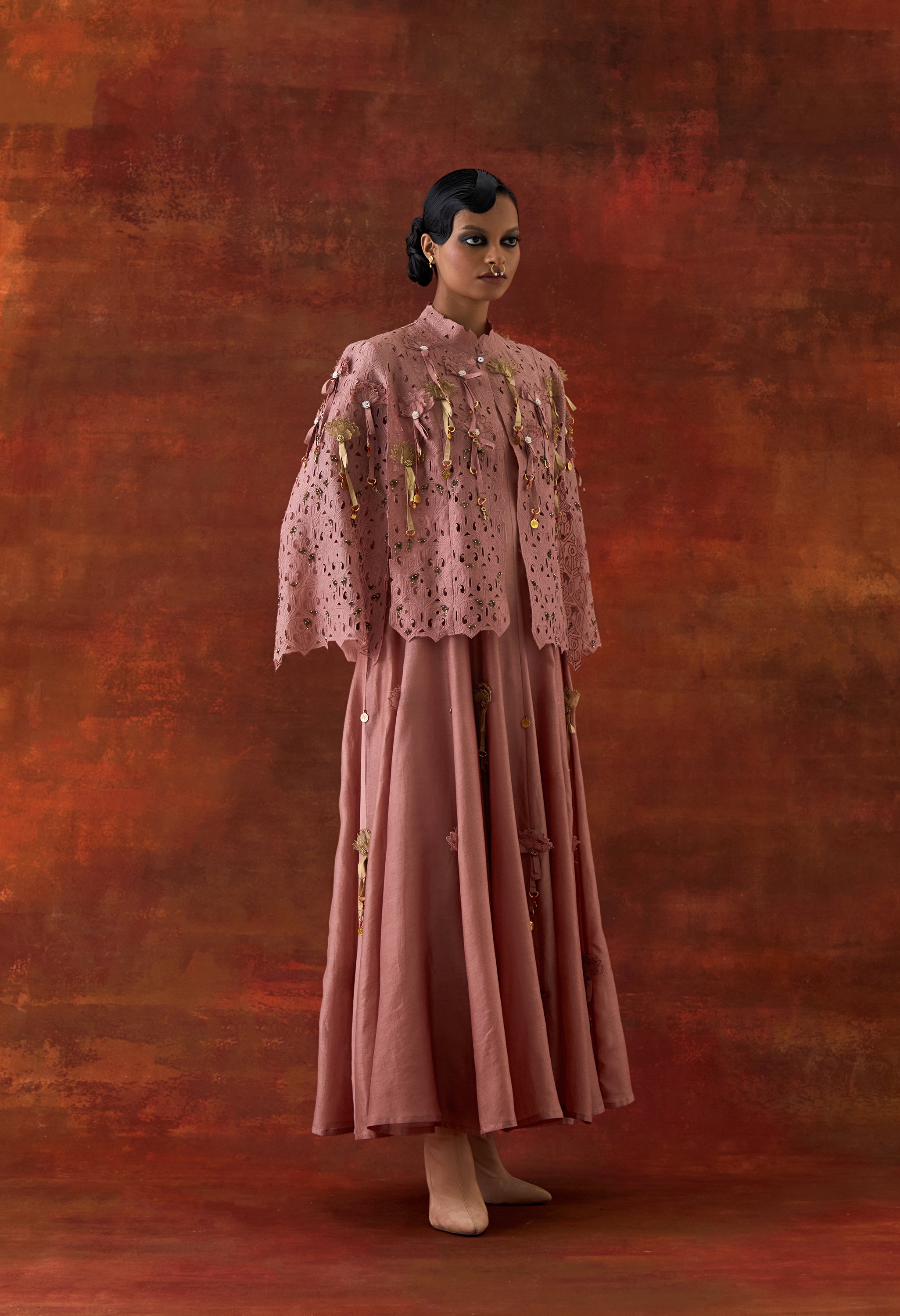 EMBROIDERED CUTWORK CAPE WITH 3D FLOWER KALIDAR