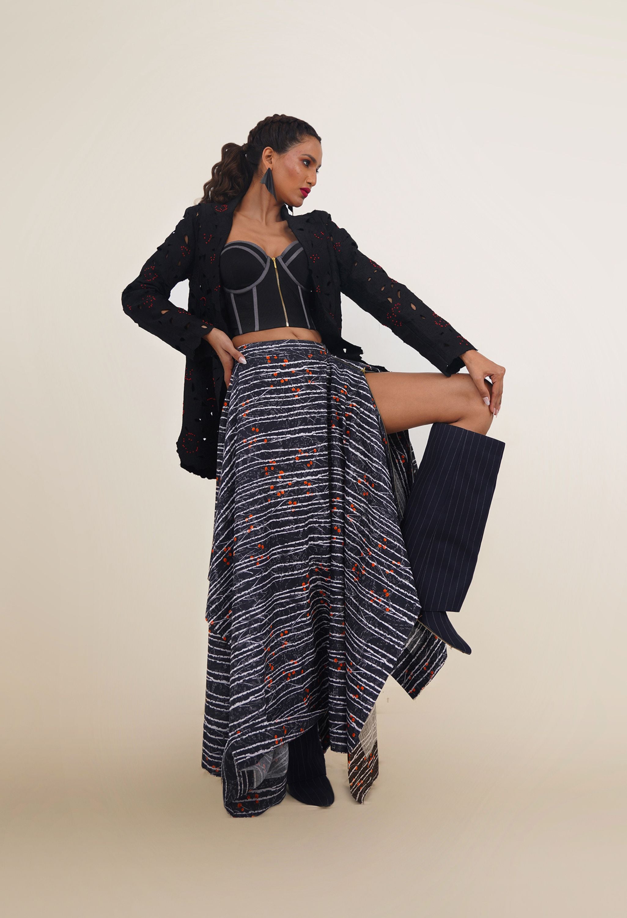 FLORAL CUTWORK JACKET WITH BUSTIER AND PRINTED DRAPED SKIRT