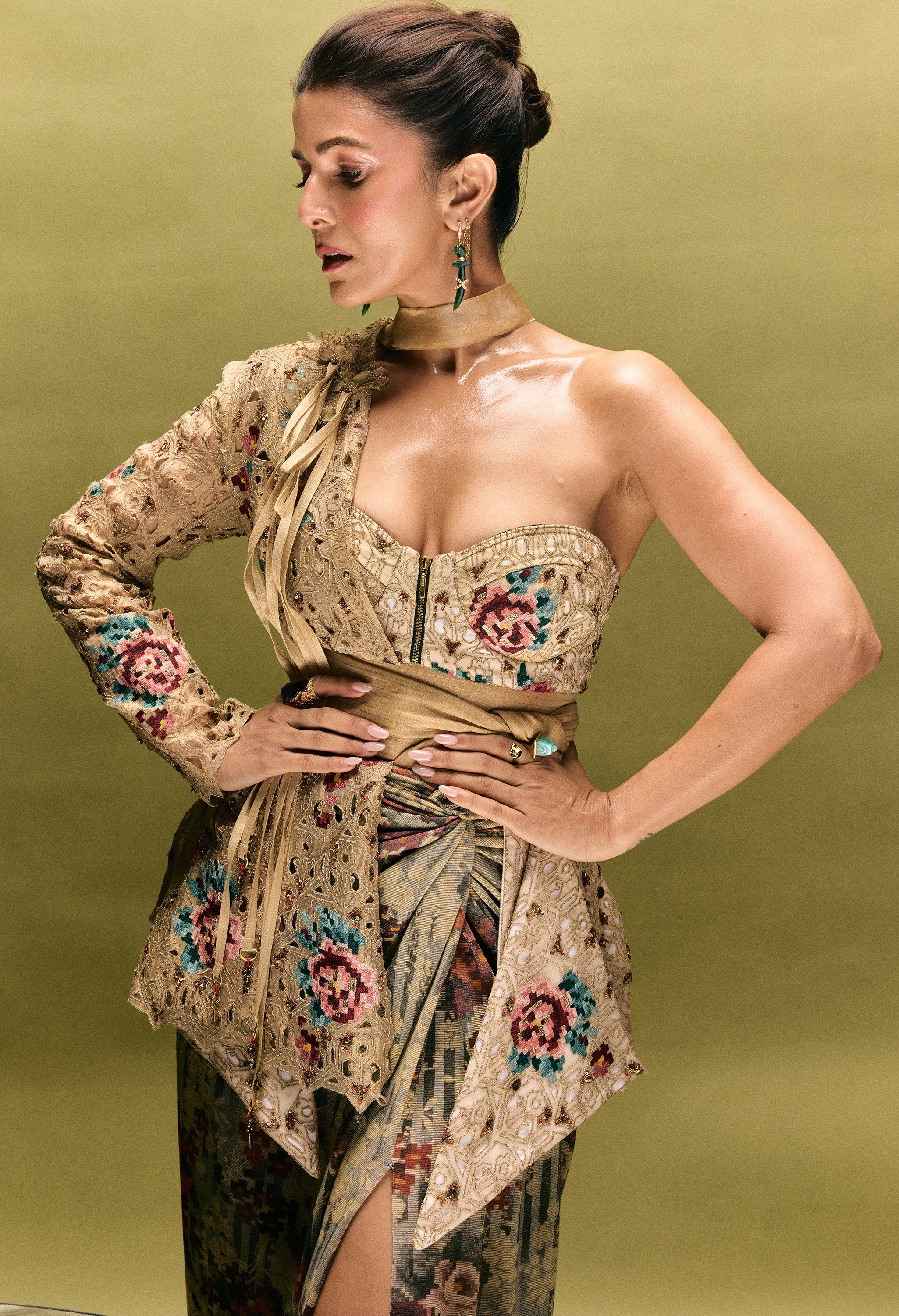 ONE SHOULER EMBROIDERED JACKET WITH CORSET JACKET PAIRED WITH DRAPED SKIRT AND A OB BELT