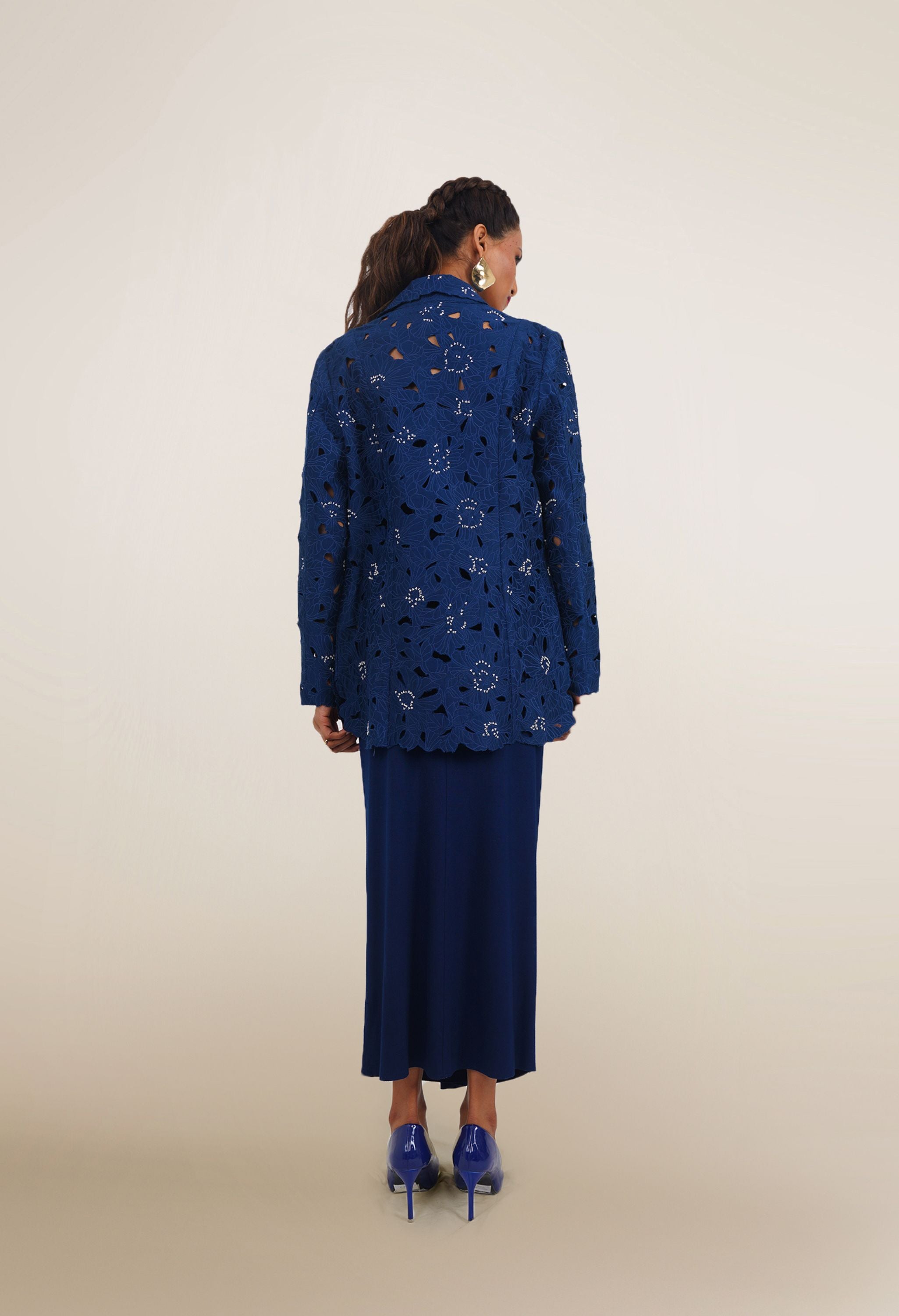 FLORAL CUTWORK JACKET WITH BUSTIER AND DRAPED JERSEY SKIRT