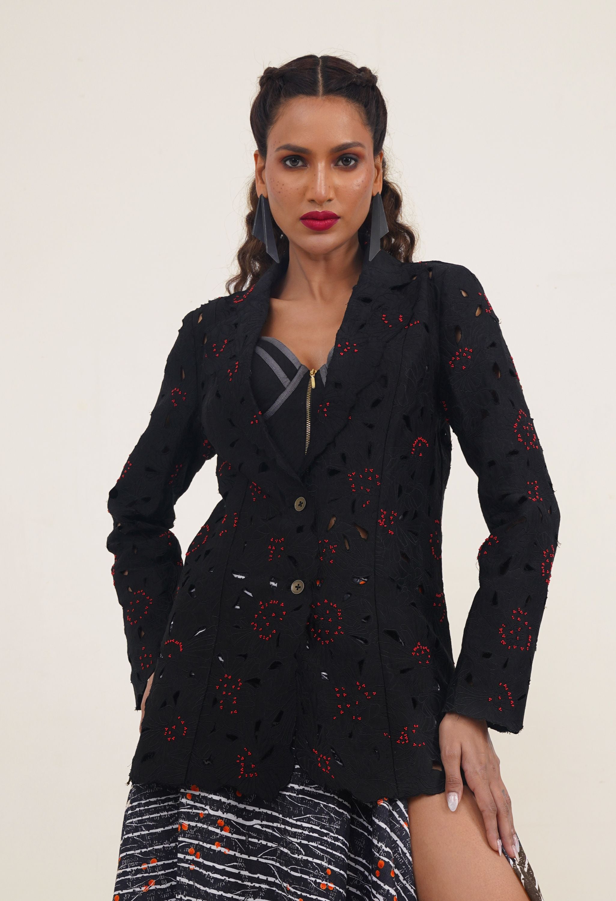 FLORAL CUTWORK JACKET WITH BUSTIER AND PRINTED DRAPED SKIRT