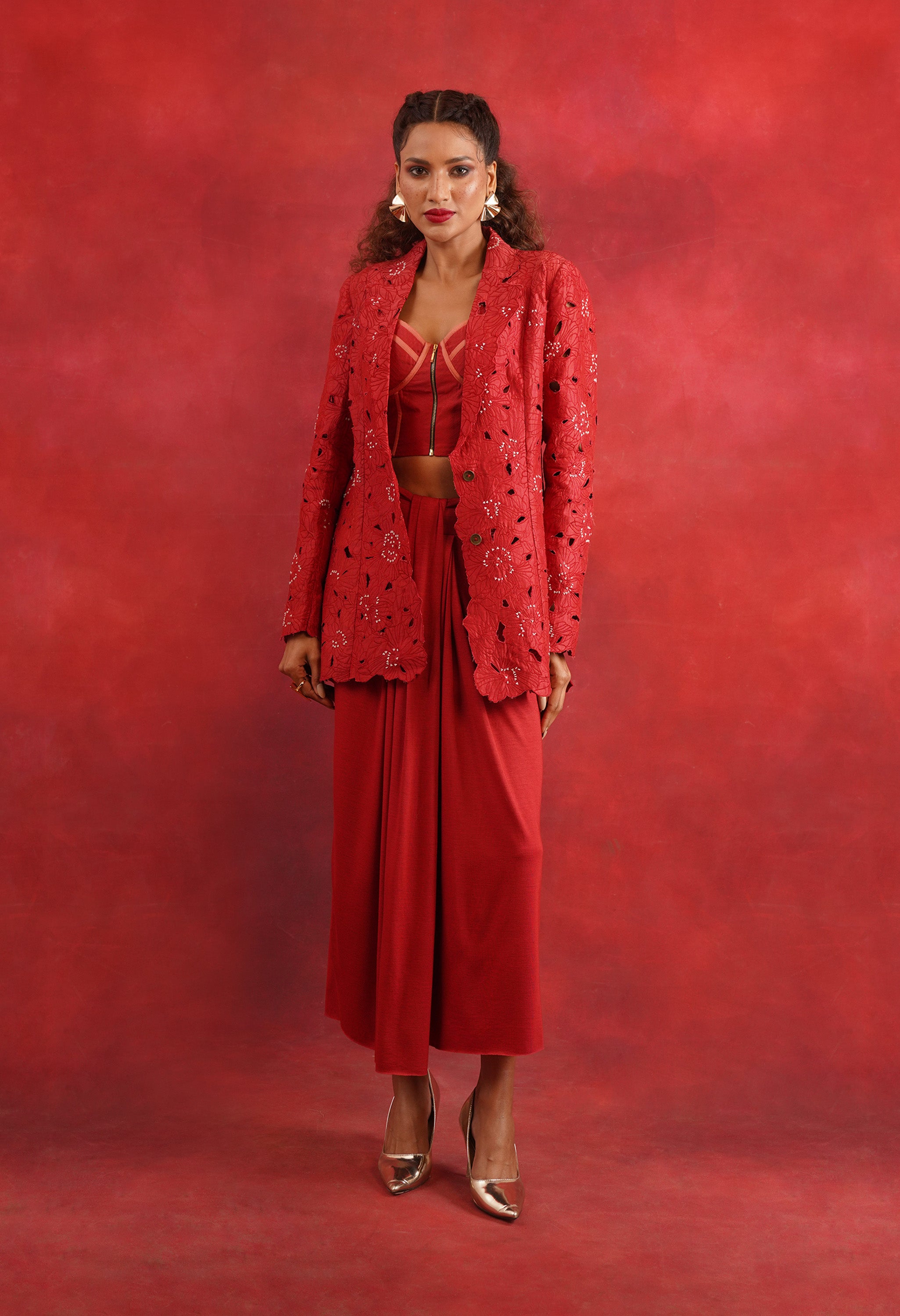 FLORAL CUTWORK JACKET WITH BUSTIER AND DRAPED JERSEY SKIRT