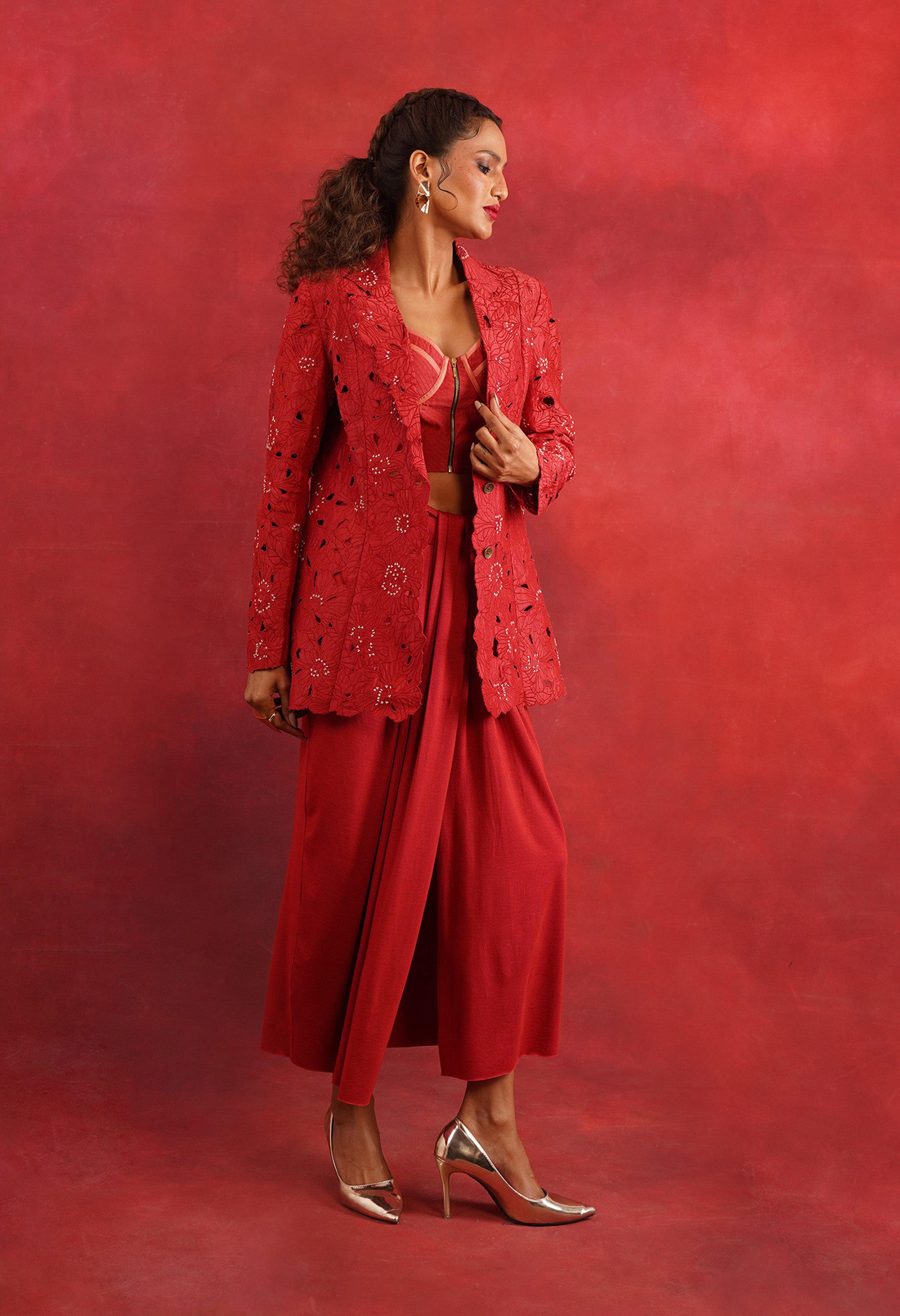 FLORAL CUTWORK JACKET WITH BUSTIER AND DRAPED JERSEY SKIRT