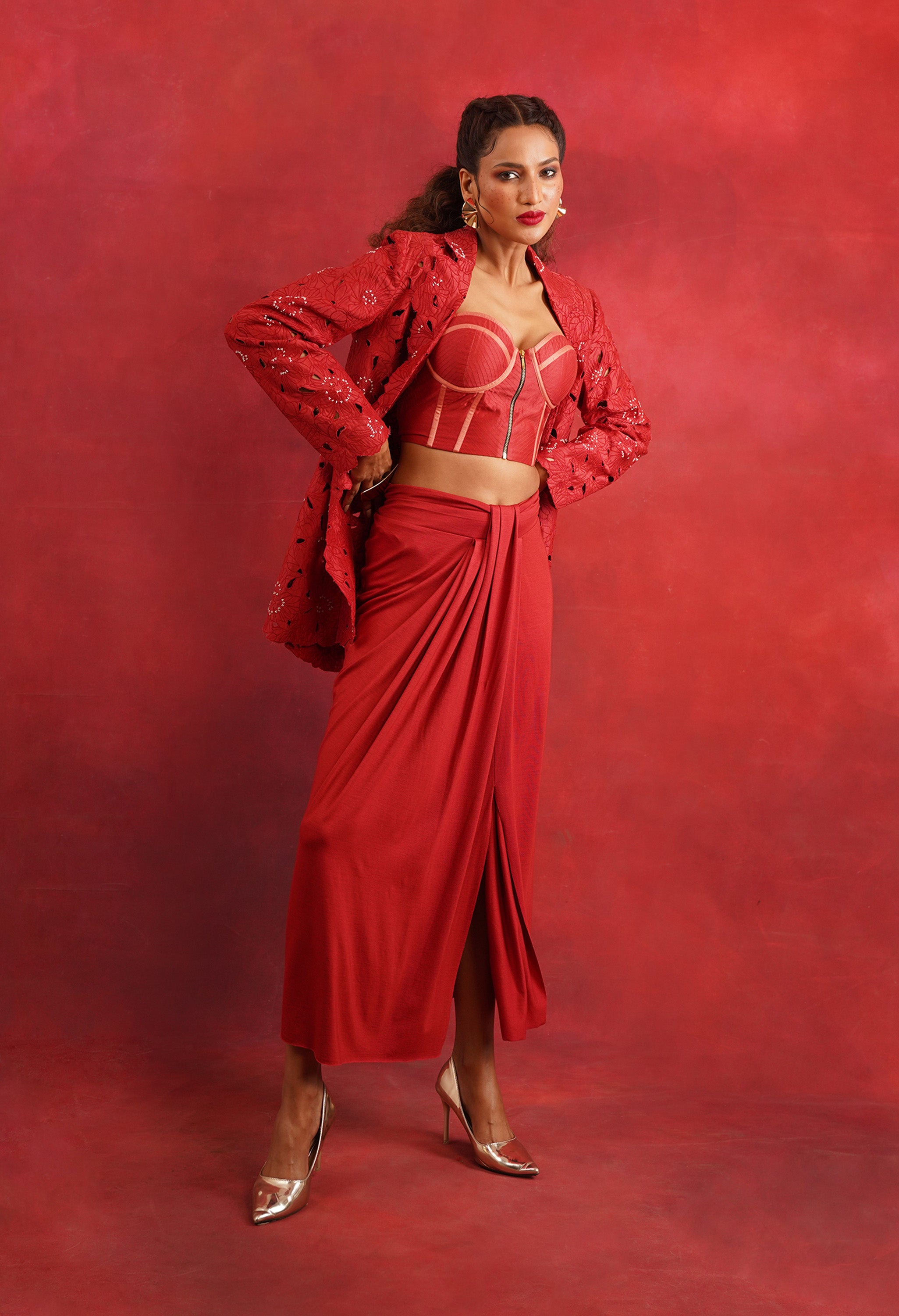 FLORAL CUTWORK JACKET WITH BUSTIER AND DRAPED JERSEY SKIRT