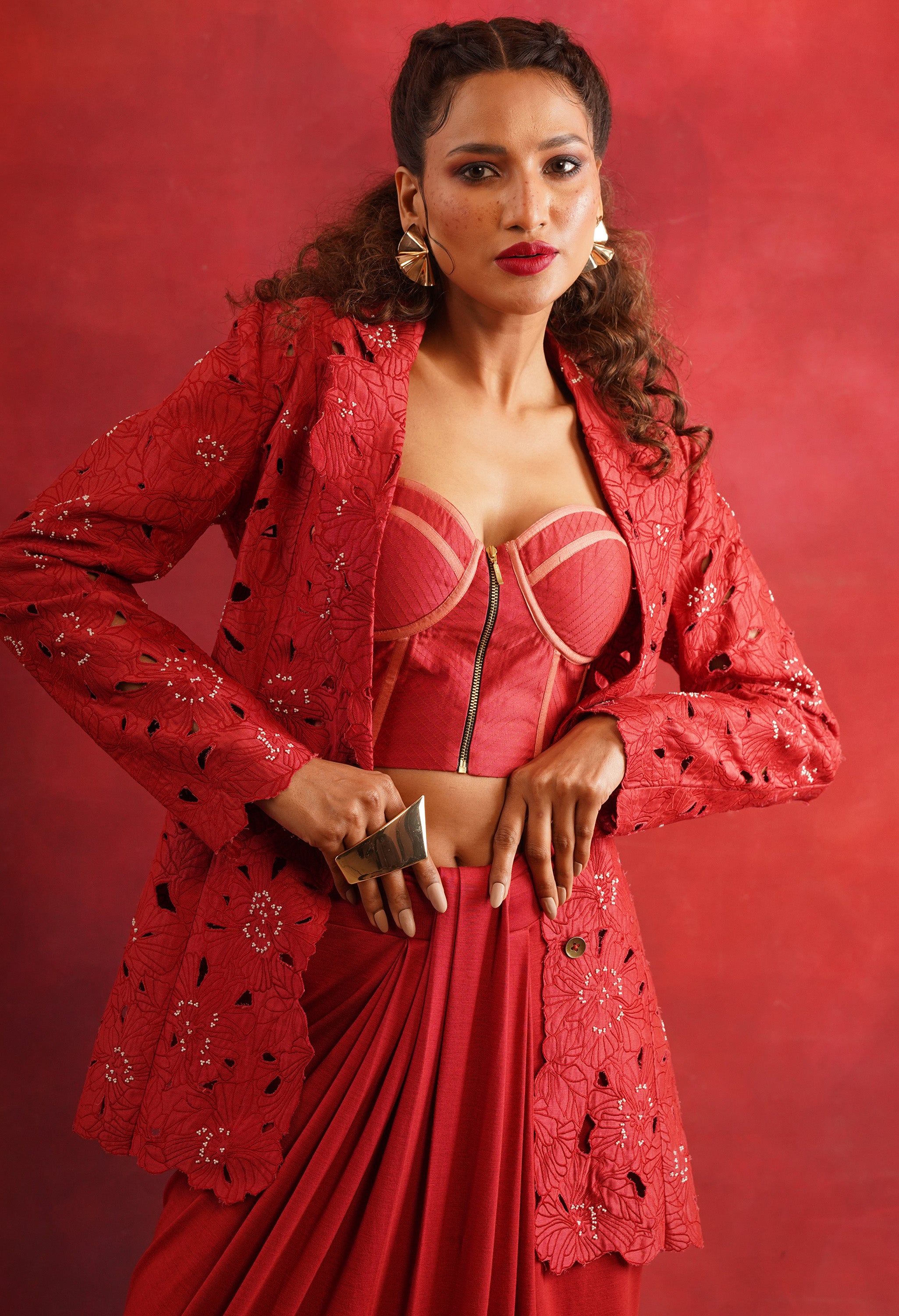 FLORAL CUTWORK JACKET WITH BUSTIER AND DRAPED JERSEY SKIRT