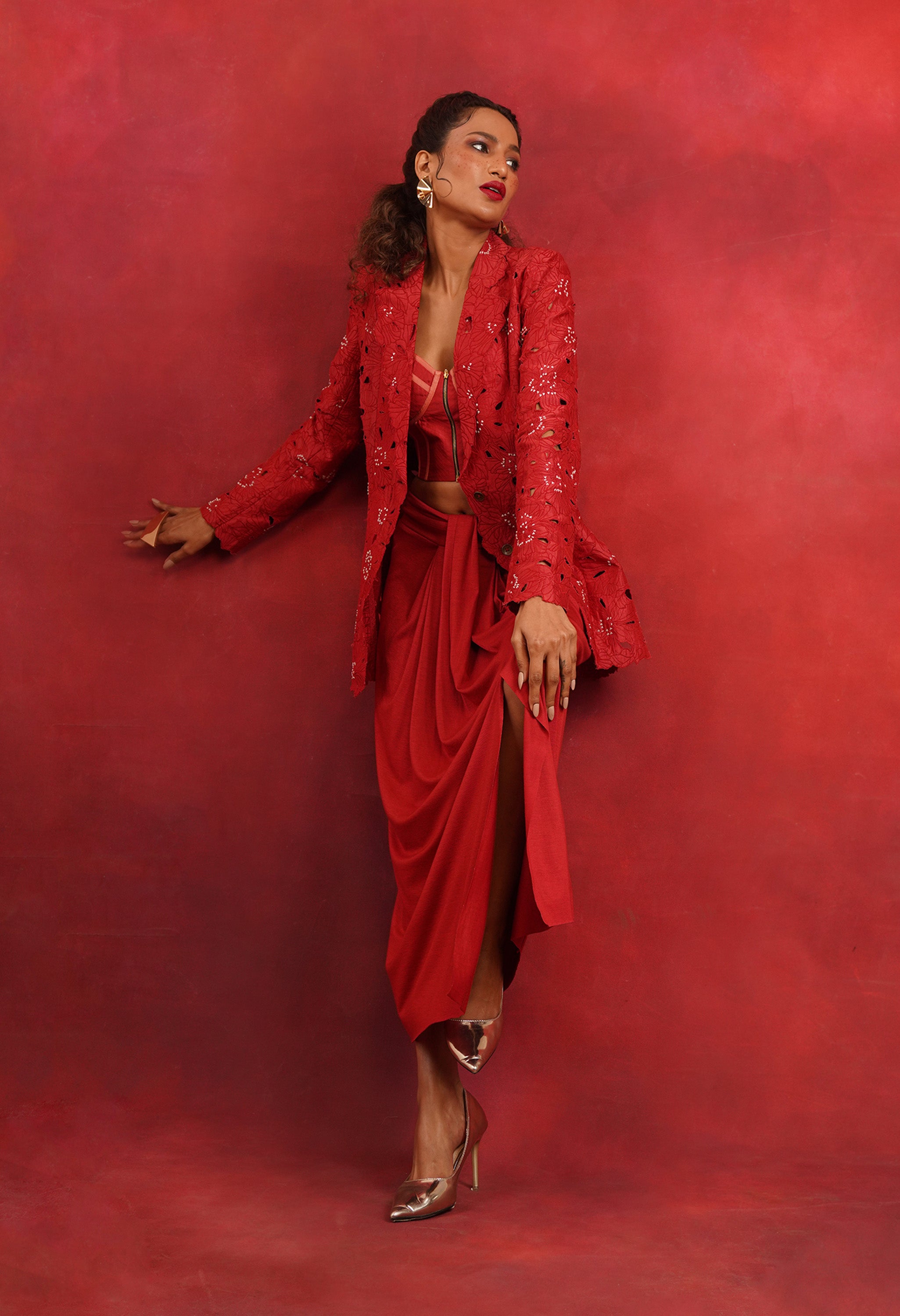 FLORAL CUTWORK JACKET WITH BUSTIER AND DRAPED JERSEY SKIRT