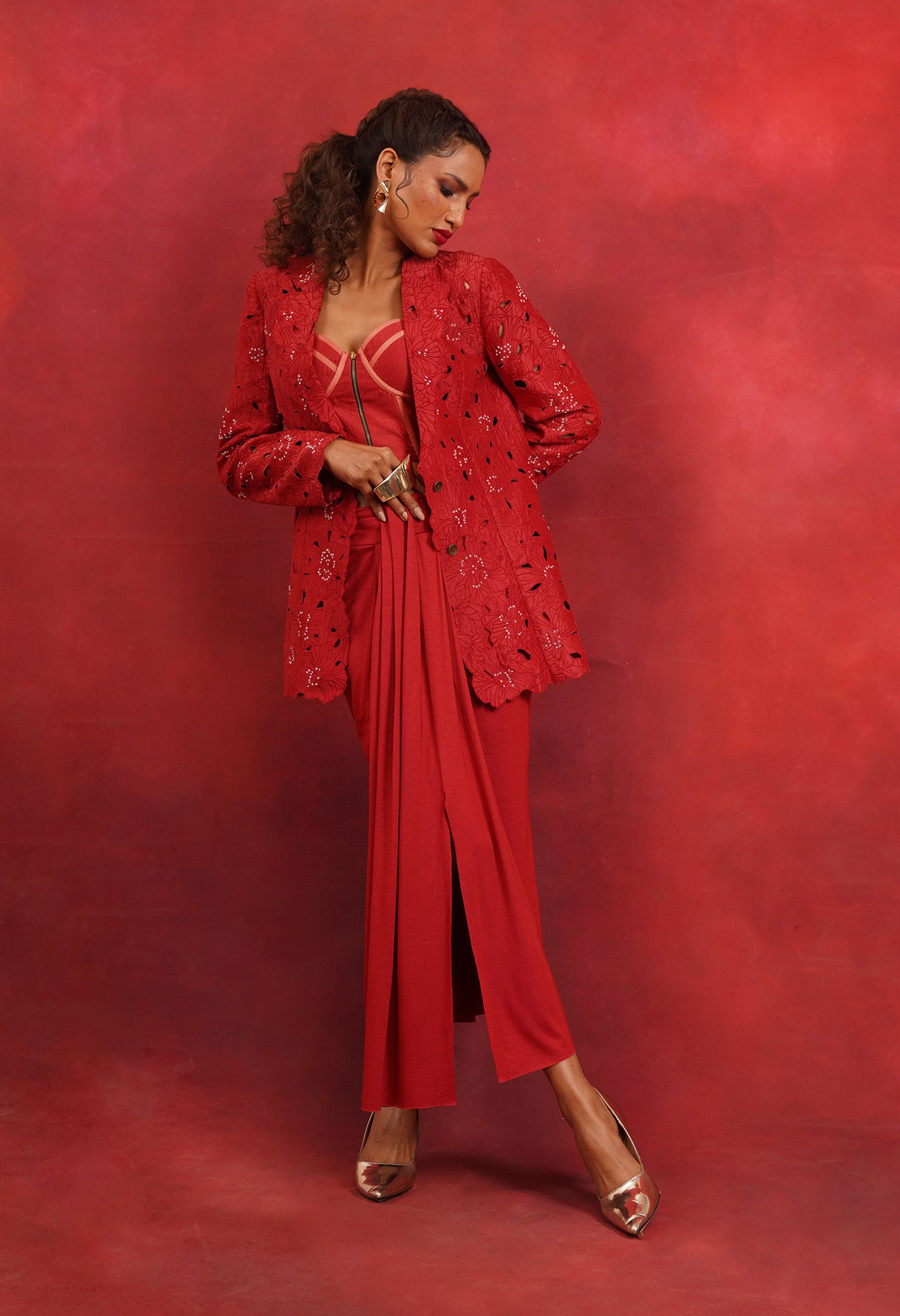 FLORAL CUTWORK JACKET WITH BUSTIER AND DRAPED JERSEY SKIRT