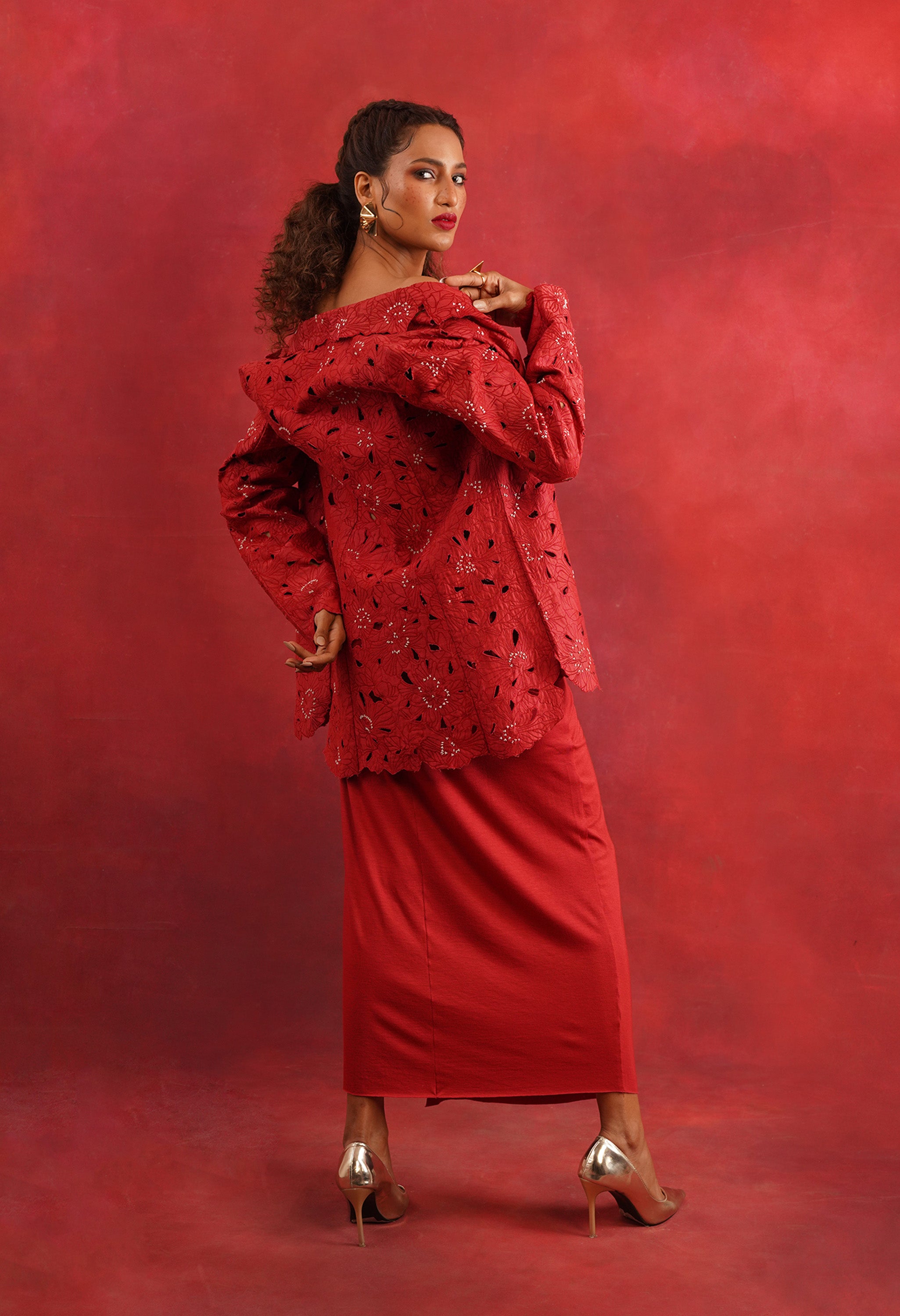 FLORAL CUTWORK JACKET WITH BUSTIER AND DRAPED JERSEY SKIRT