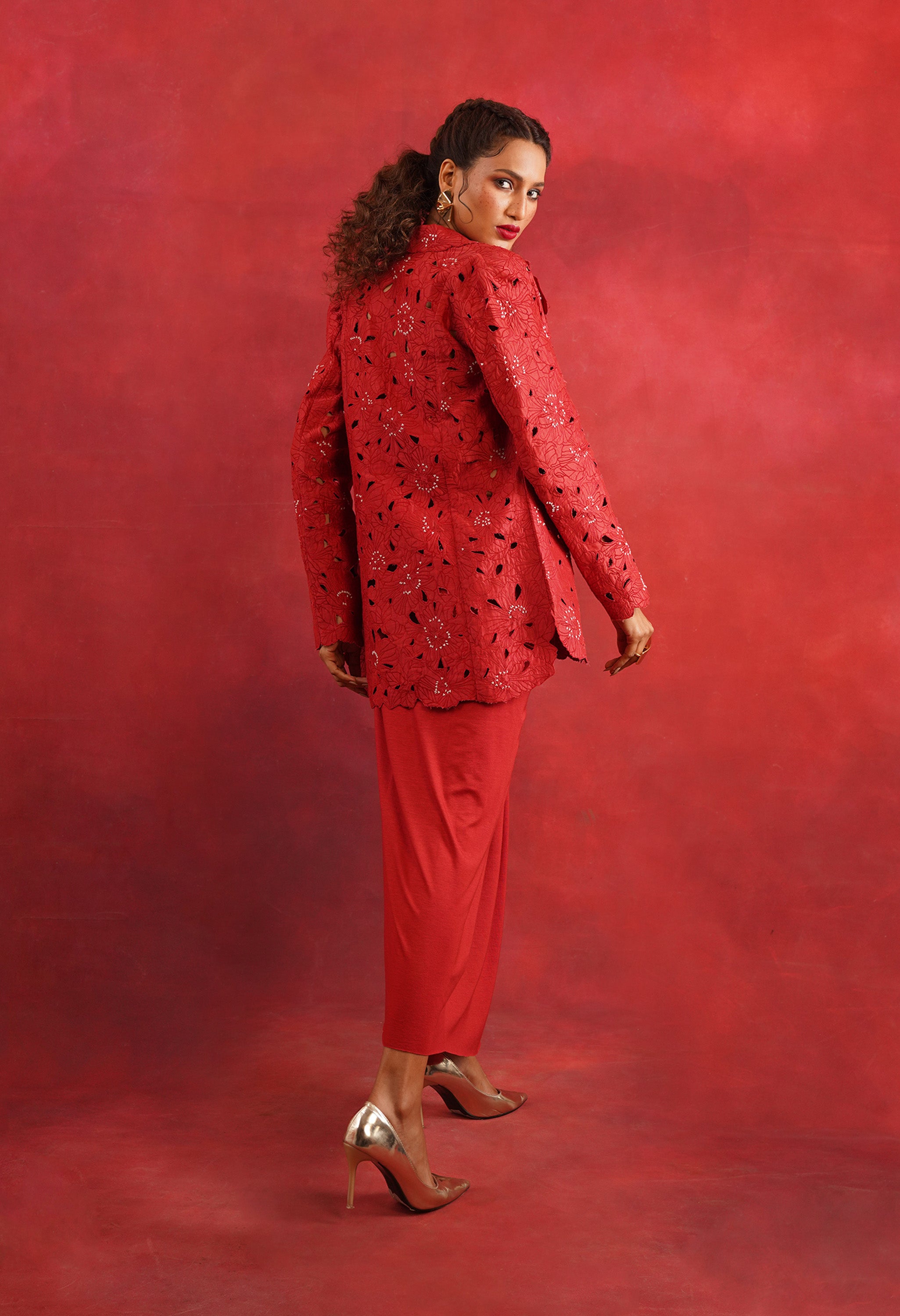 FLORAL CUTWORK JACKET WITH BUSTIER AND DRAPED JERSEY SKIRT