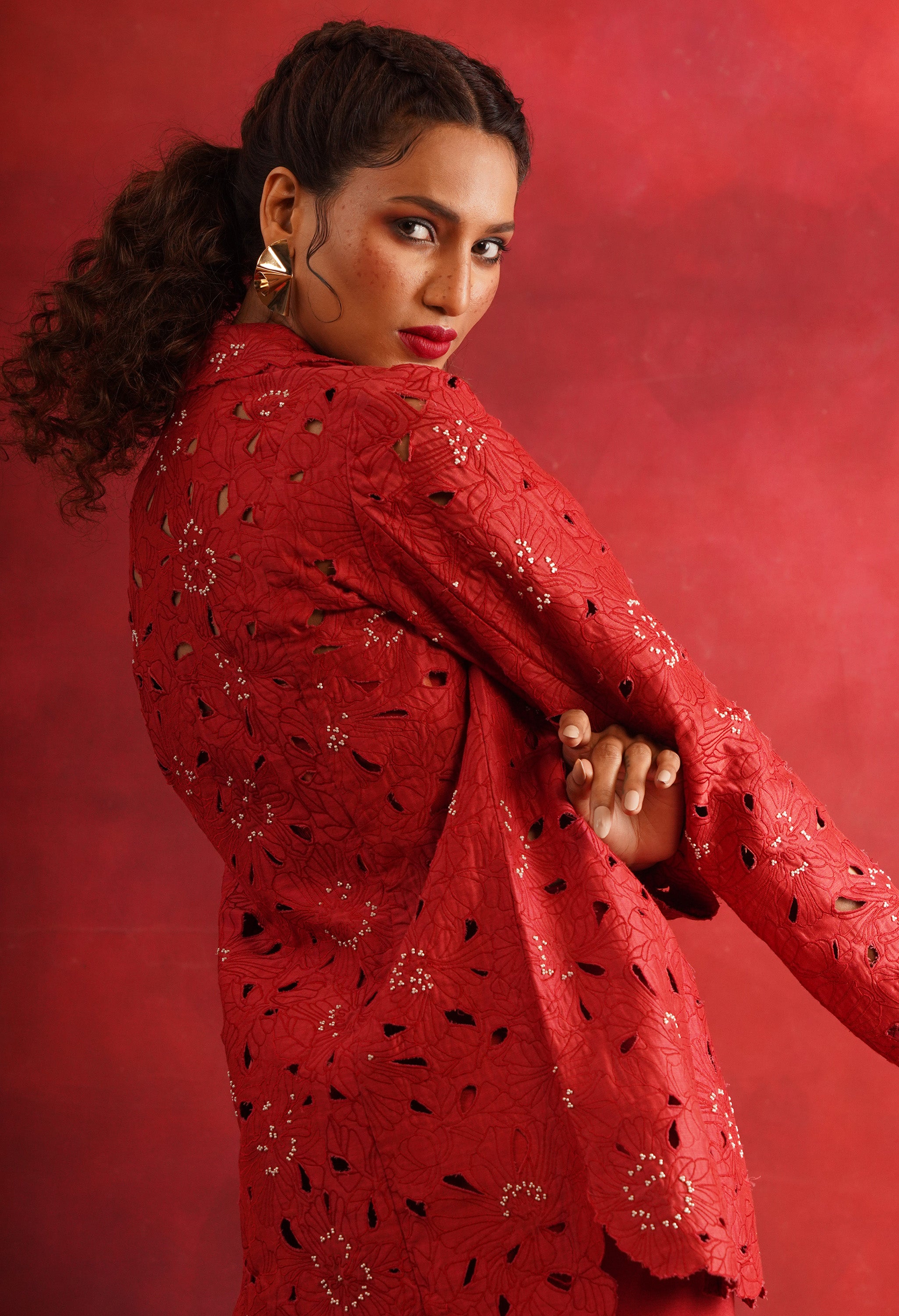 FLORAL CUTWORK JACKET WITH BUSTIER AND DRAPED JERSEY SKIRT