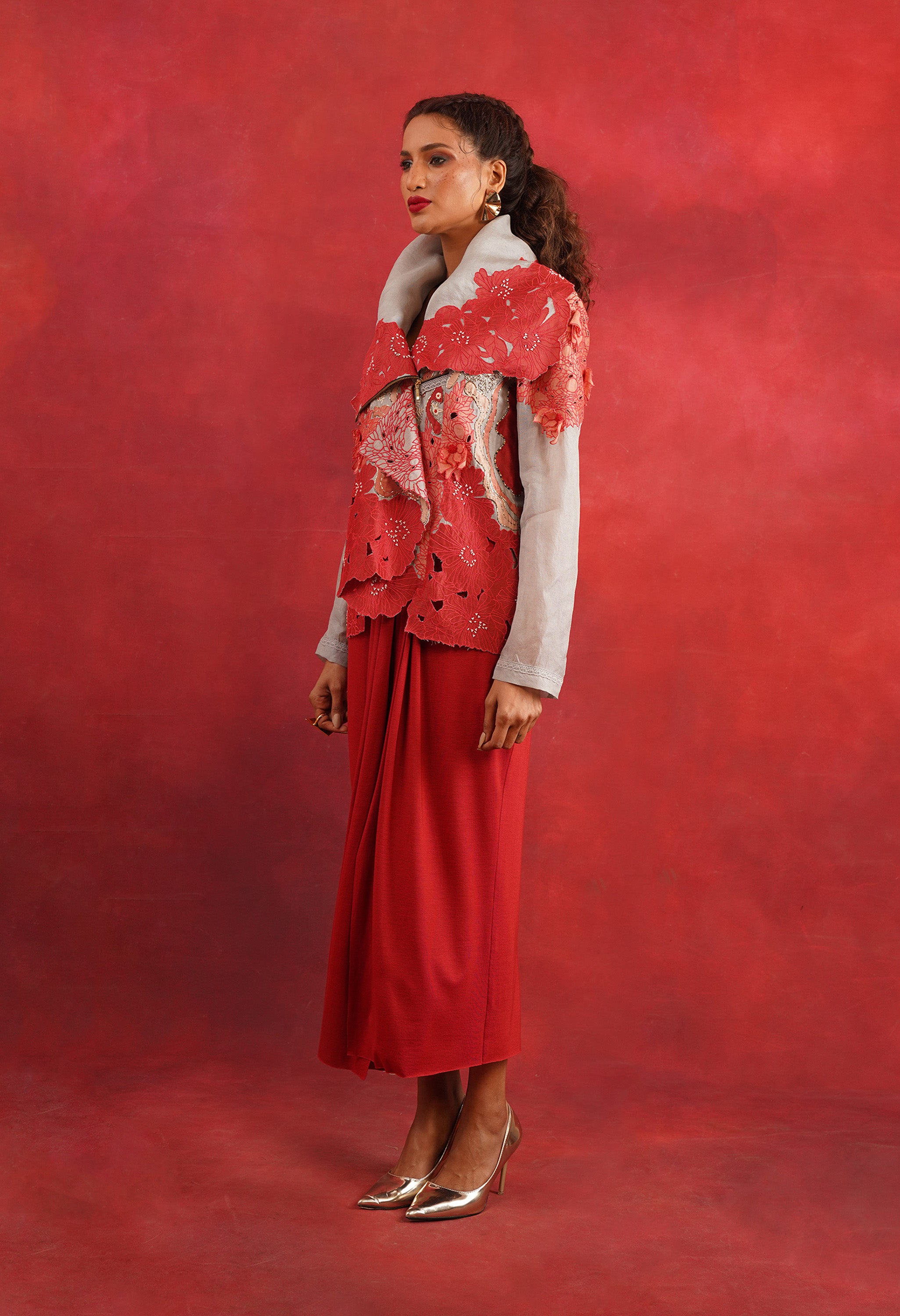 DRAPED COLLAR JACKET + DRAPED JERSY SKIRT