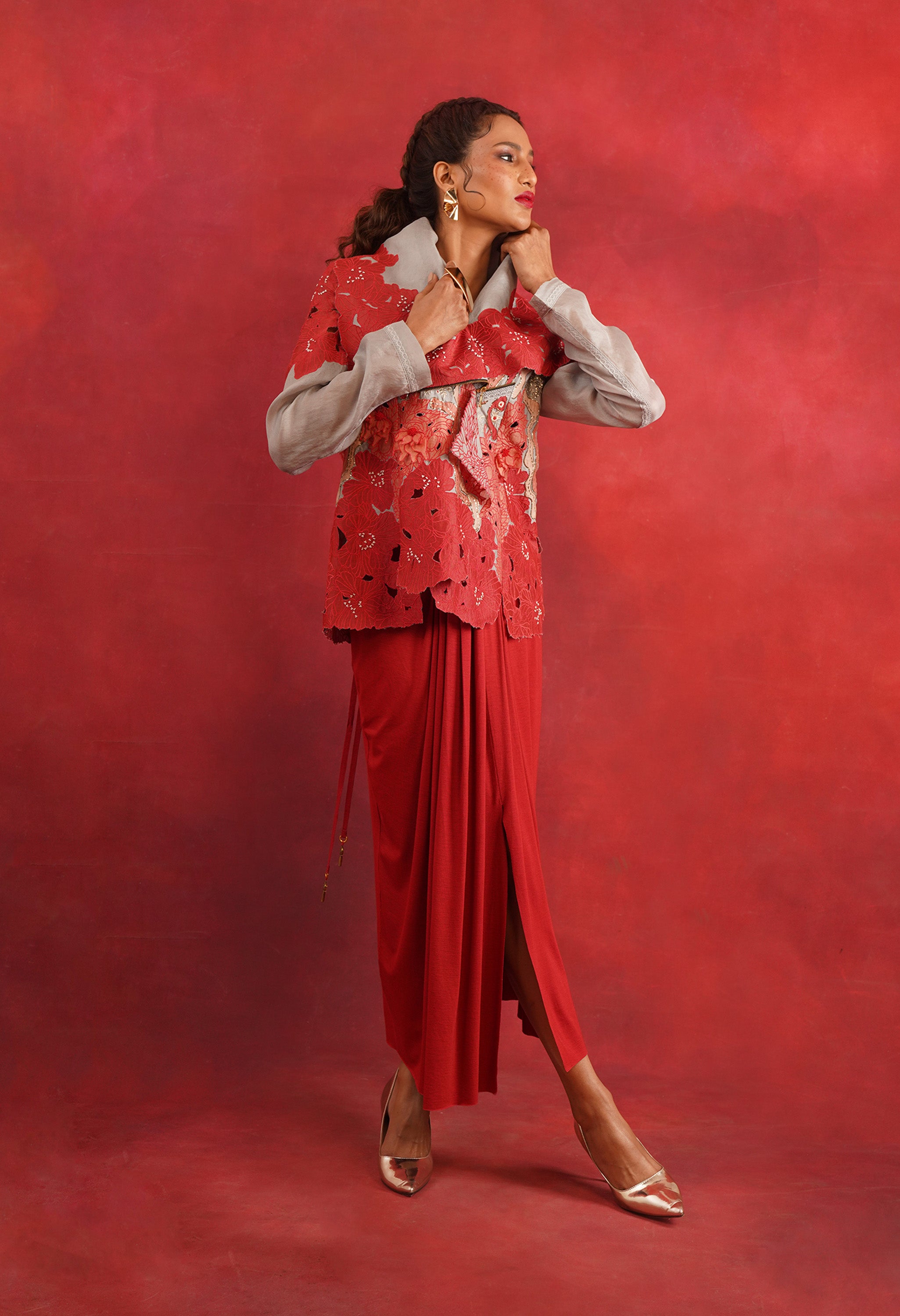 DRAPED COLLAR JACKET + DRAPED JERSY SKIRT